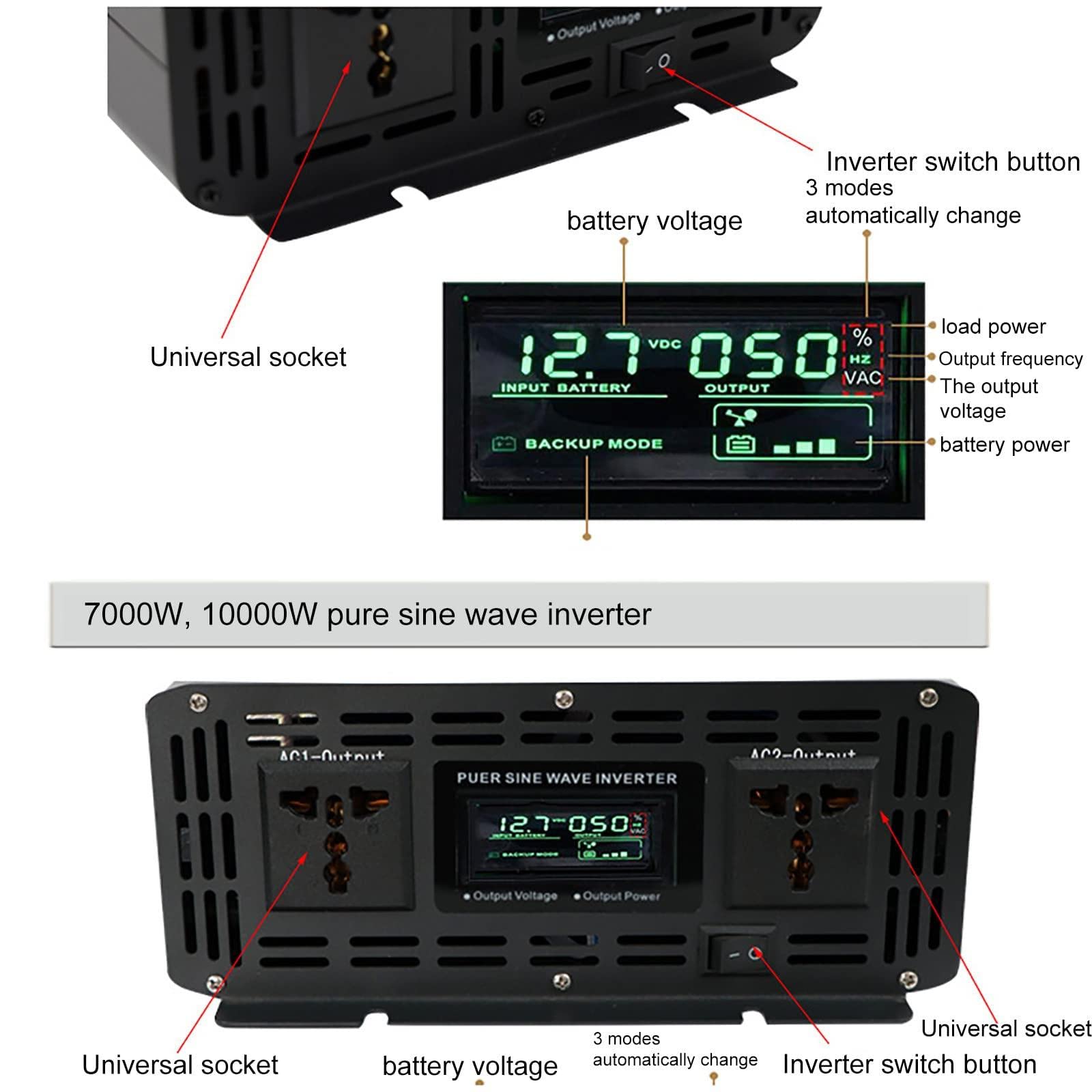 Inversor de onda sinusoidal pura de 12V, 24V, 48V, 60V a 220V, 230V, 240V, convertidor de corriente para coche, inversor para autocaravanas, camiones, barcos, camping, hogar, furgoneta,10000W-24v