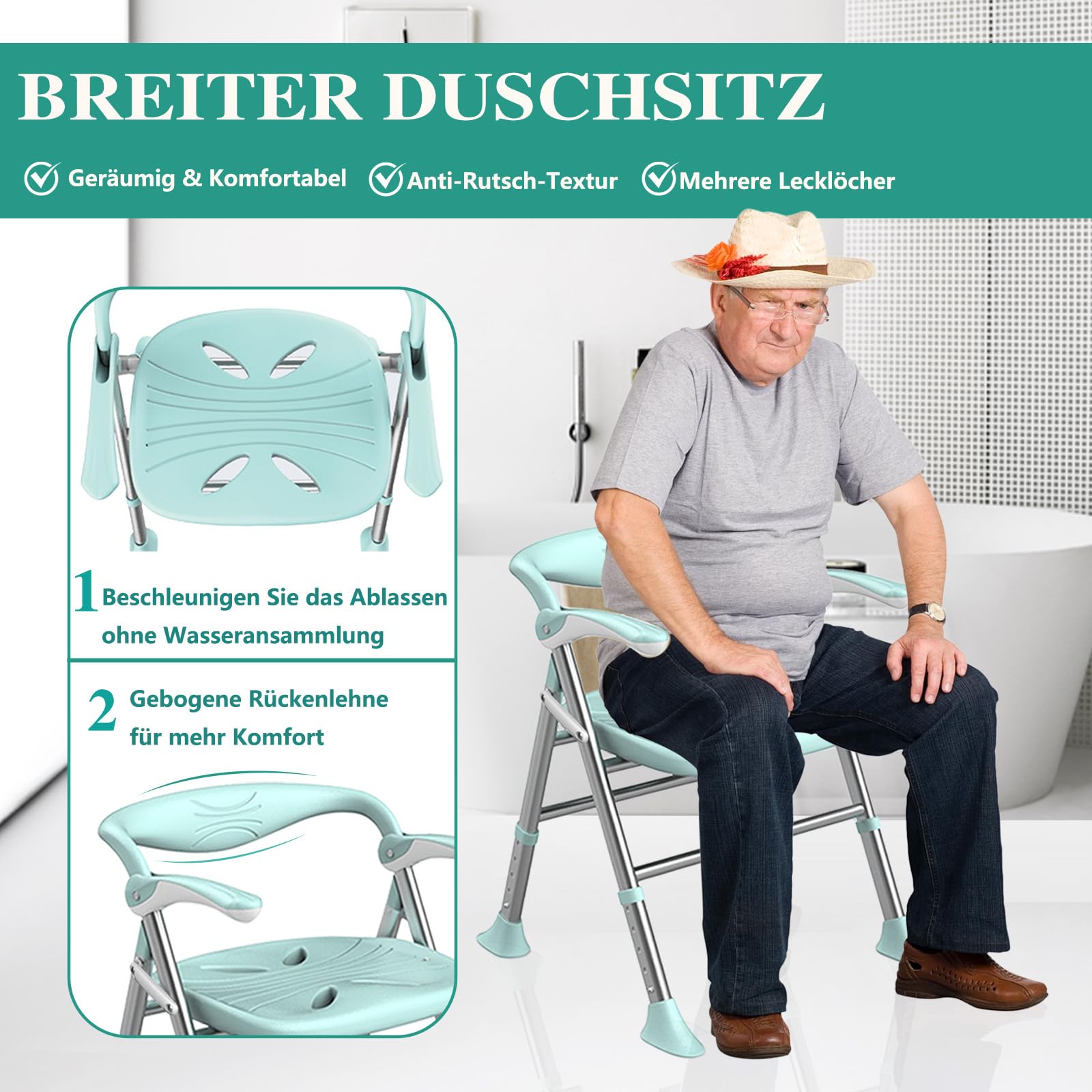 Duschstuhl füR Senioren, Duschstuhl Klappbar, Maximale Tragkraft 150kg, Duschstuhl mit Armlehnen und RüCkenlehne, 5-Stufige HöHenverstellung, Hochklappbare Armlehnen (Grün, Flachsitz)