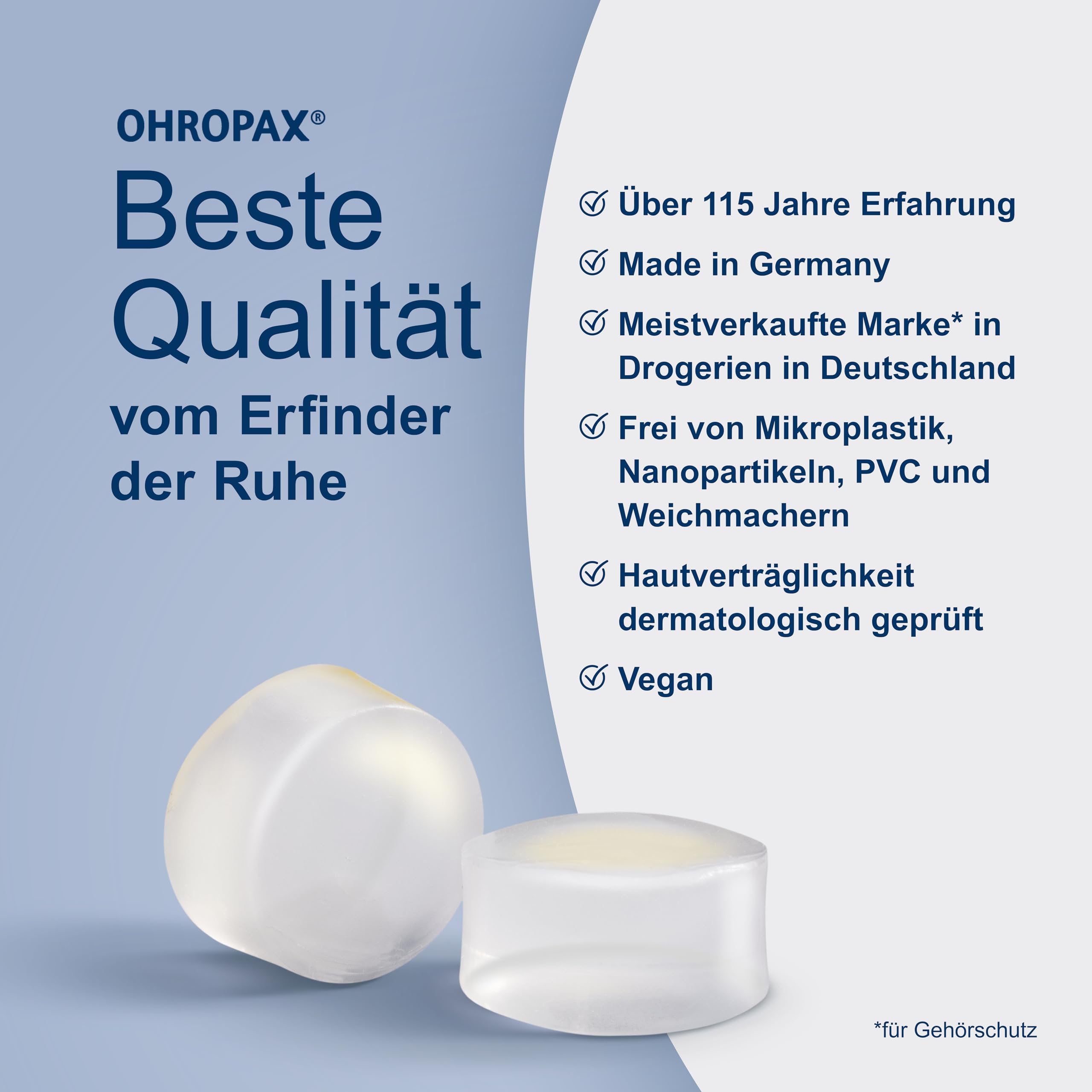 OHROPAX Przezroczyste zatyczki do uszu Vor, wykonane z formowanego silikonu, wyjątkowo dyskretne, nadają się do wszystkich uszu – izolacja akustyczna SNR 23 dB – w czasie wolnym, do nauki lub relaksu