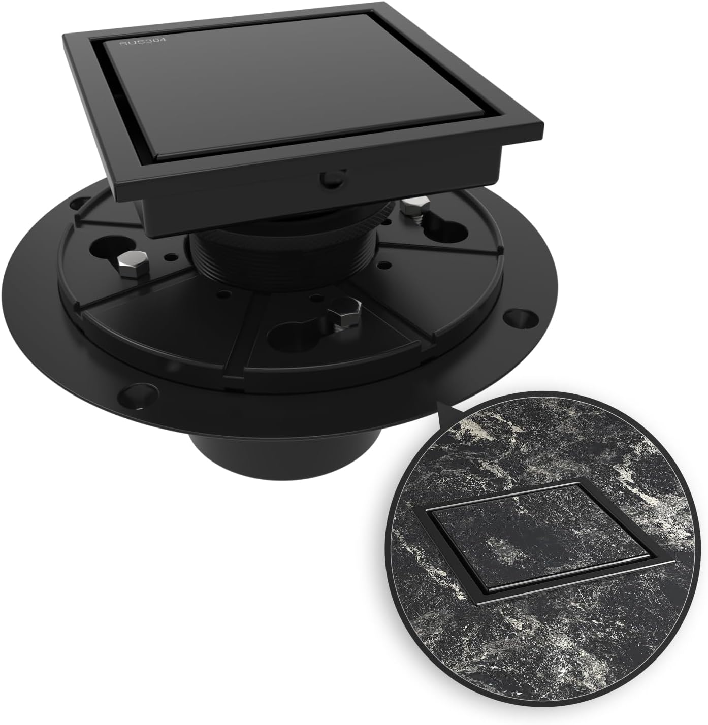 WEBANG 4 Inch Square Shower Drain Black Floor Drain with Flange Reversible 2-in-1 Cover Tile Insert Grate Removable SUS304 Stainless Steel CUPC Certified Matte Black