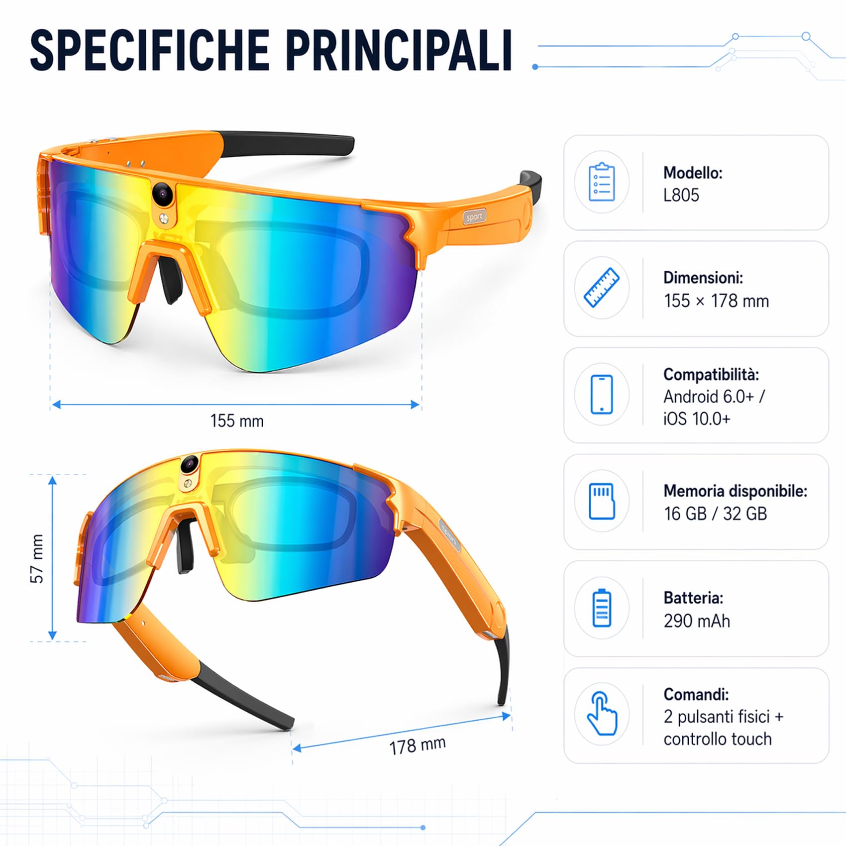 SINOTE'CA Occhiali Smart AI per Ciclismo, Smart Glasses con Fotocamera 8MP, Video HD, Stabilizzazione a 6 Assi, WiFi, Bluetooth 5.4, Audio Open-Ear, Traduzione in Tempo Reale, UV400, Uomo Donna