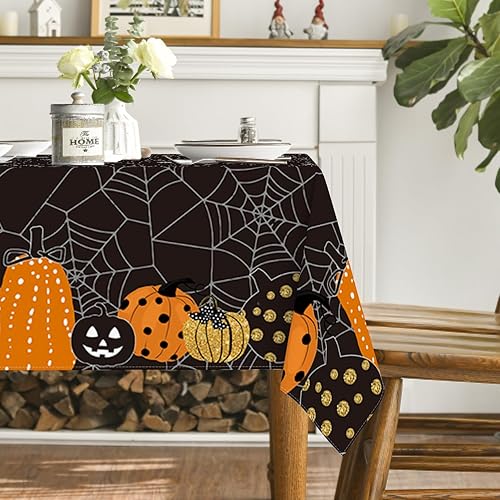 Miniatura 4 de Horaldaily Mantel rectangular de Halloween de 60 x 120 pulgadas, diseño de telaraña de calabaza con temática de miedo, color negro, lavable, para