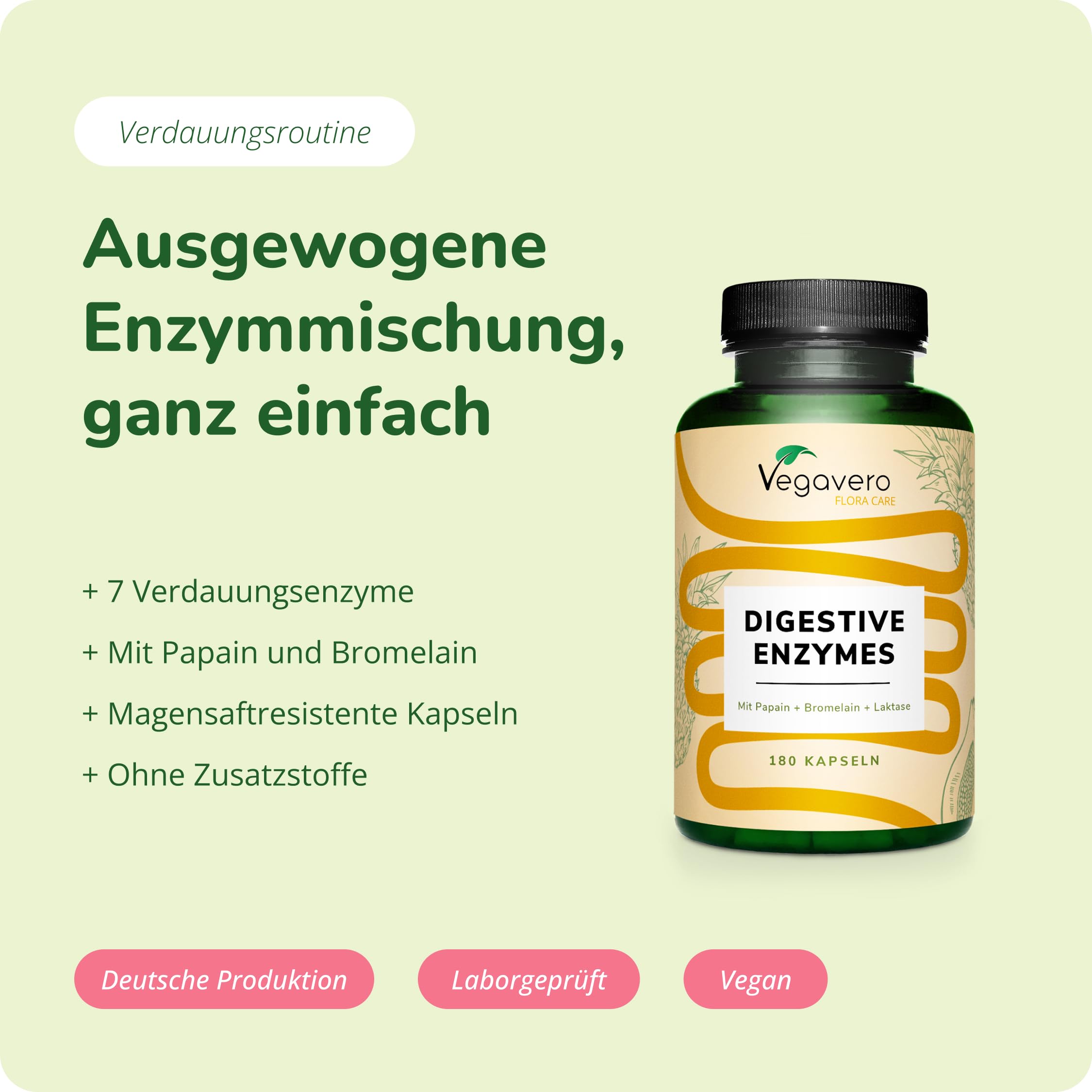 Enzym Komplex | Bromelain - Papain - Amylase - Lipase - Cellulase | Magensaftresistente DRCaps | Natürliche Verdauungsenzyme | Laborgeprüft | Ohne Zusatzstoffe | Deutsche Produktion Vegavero