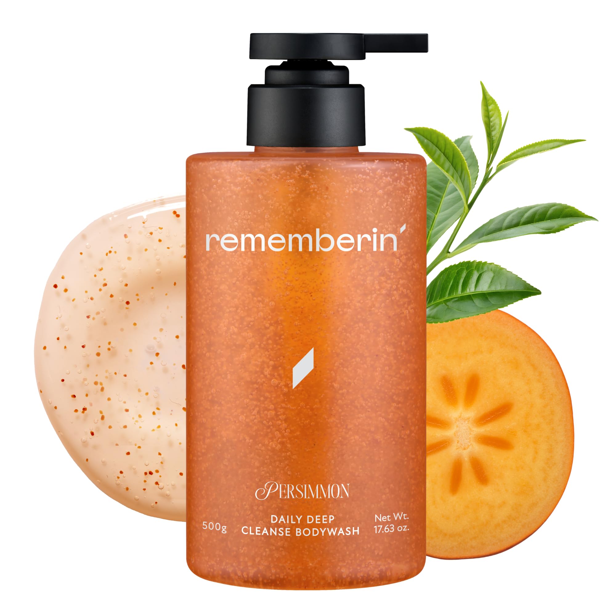 Rememberin Persimmon Body Wash for Odor Control – Korean Persimmon Extract, Natural Deodorizing Cleanser, Sulfate-Free & Gentle, pH Balanced for