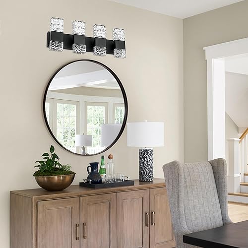 Miniatura 2 de VINLUZ Lámparas LED de baño sobre espejo, 4 luces negras claras con pantalla de cristal, apliques clásicos de pared de baño de 32 W para armarios