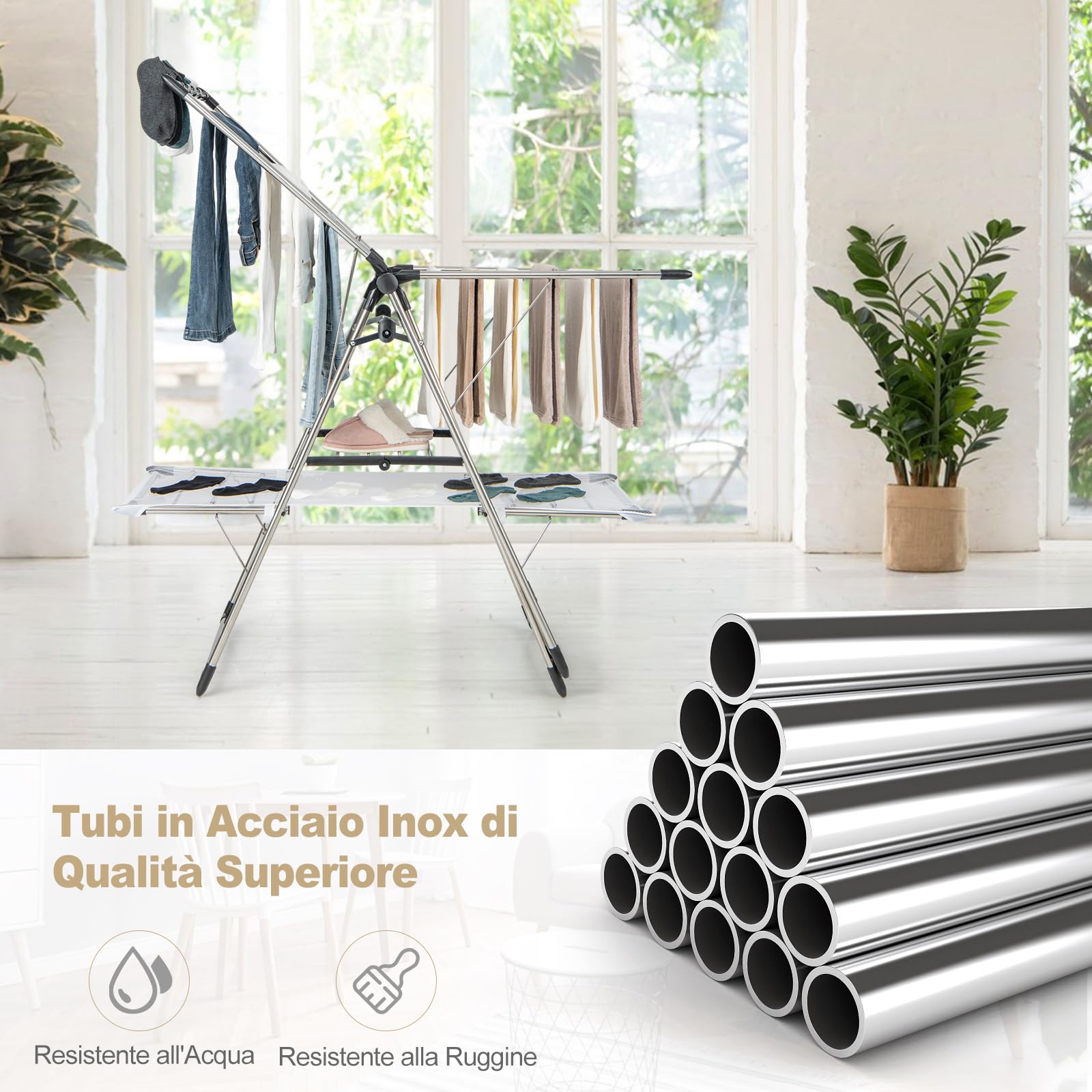 COSTWAY Stendibiancheria da Pavimento Pieghevole, Stendino a 2 Piani con Barra per Appendere, Ala Regolabile in Altezza, Clip per Calzini, Gancio per Scarpe, Stendibiancheria per Interno ed Esterno