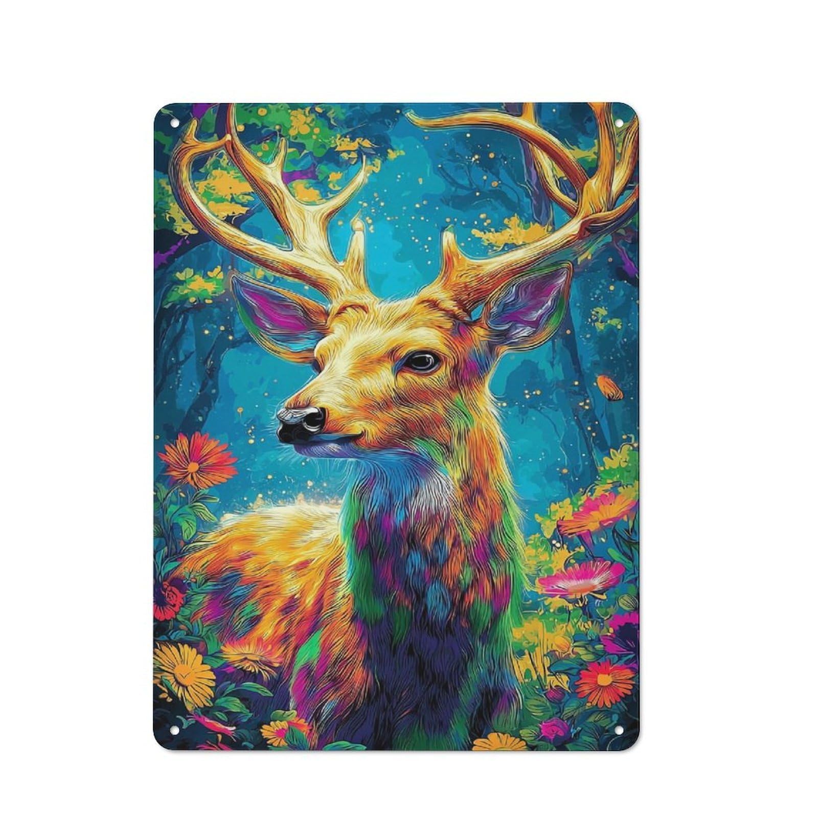 Junmoney Colorful Deer In Fantasy Forest Rustic Metal Sign 40X30cm For Hobby Room Or Studio, For Kitchen, Dining Room And Home Bar Wall Decor