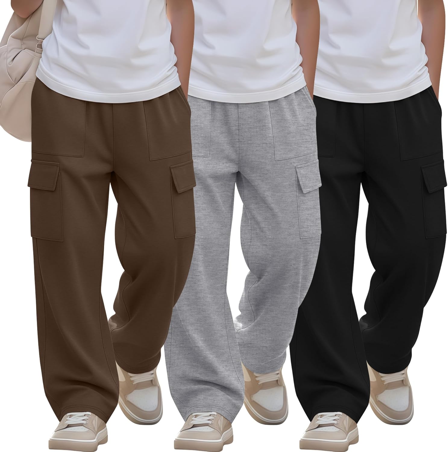 3 Pack Boys Cargo Sweatpants Kids Pull-On Elastic Waist Open Bottom Teens Active Casual Baggy Pants with 4 Pockets
