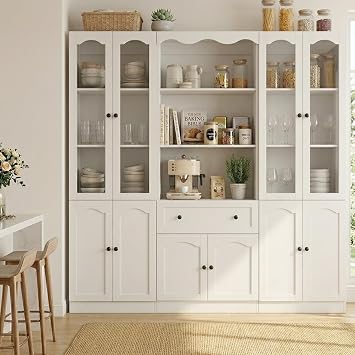 Cyclysio 80" Tall Pantry Cabinet with Glass Doors, Open Shelves and Drawer