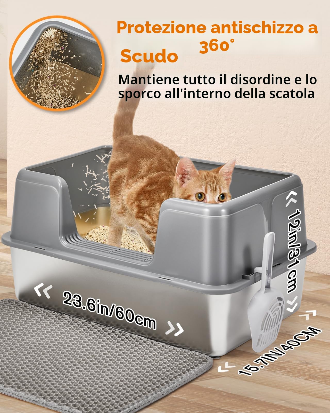 Papettly Lettiera Acciaio Inox - Lettiera in Acciaio per Gatti XXL con Lati Alti，60x40x31 cm Lettiere Gatto Acciaio Inox con Tappetino per Lettiere，Paletta，Spazzola，Facile da Pulire，Non Appiccicosa
