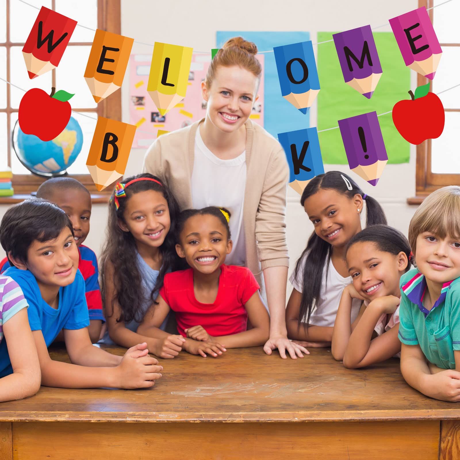 AnyDesign Banner de regreso a la escuela, 2 cuerdas, guirnalda de banderines de bienvenida de vuelta a la escuela, tablero de anuncios premontado, bonito lápiz de manzana, pancarta decorativa colgante