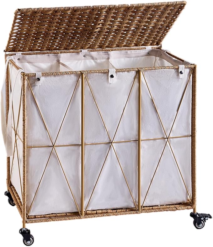 Laundry Hamper with Lid, 150L Wicker Rolling Laundry Basket with Wheels, 3- Section Removable Liner, Handwoven Synthetic Rattan, Bedroom, 26 x 14 x 26 Inches, Natural
