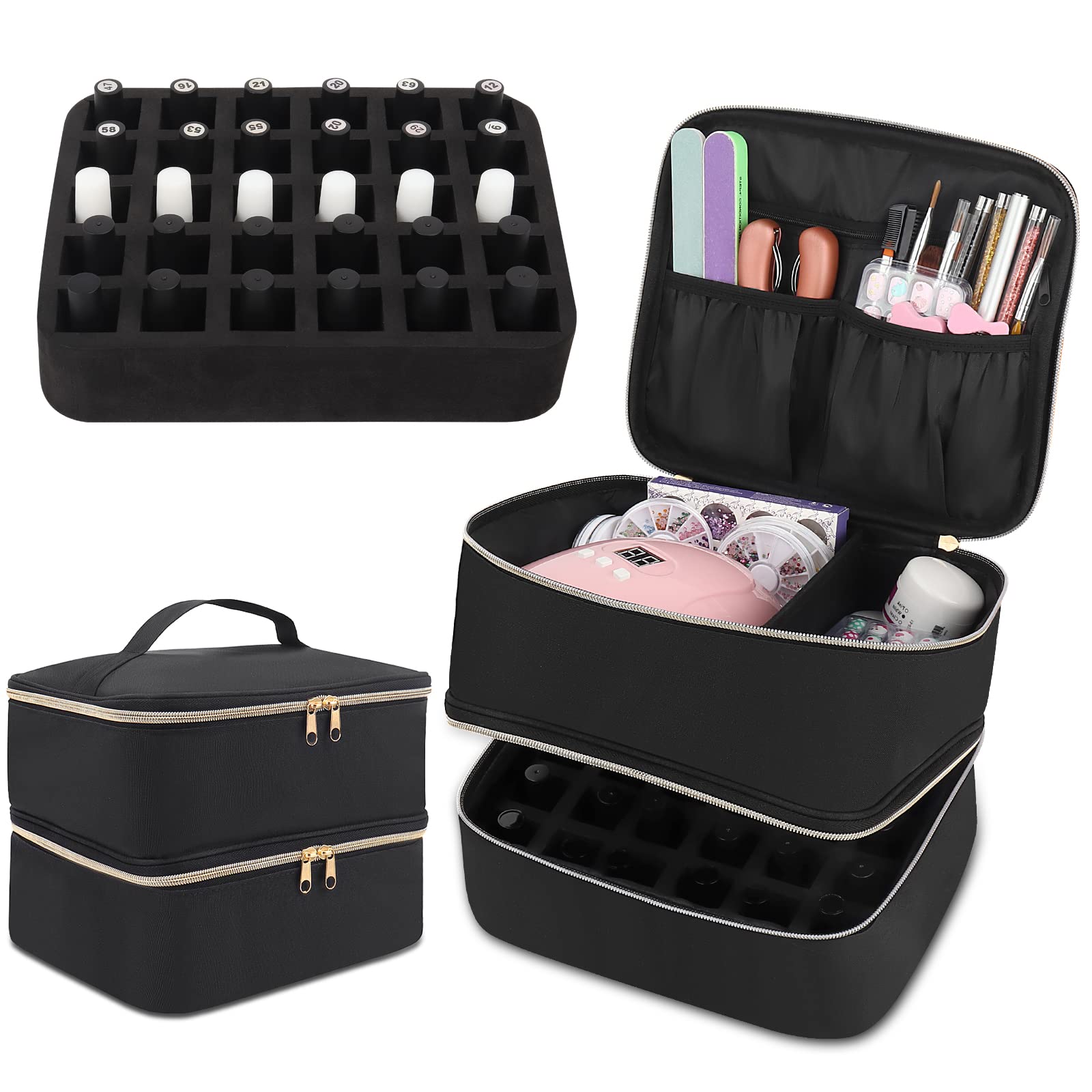 Nail Polish Organizer, 2 Layers Nail Polish Storage Holder Case, Holds 30 Bottles Gel Nail Polish Nail Lamp Nail Drill Manicure Tools, Large Makeup Bag Travel Cosmetic Bag with Detachable Dividers
