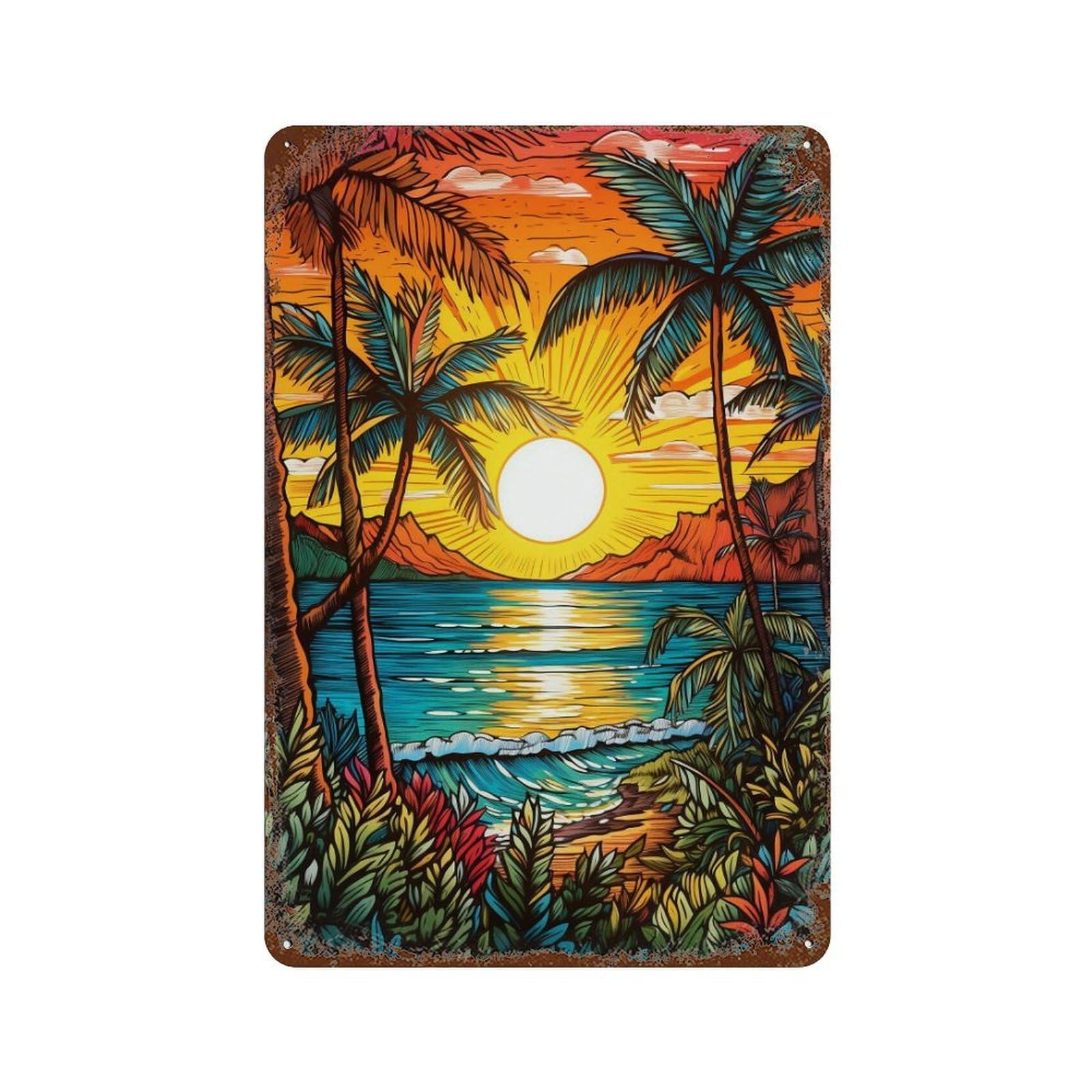 Tropical Sunset Beach Scene-9 Aged Metal Wall Plaque 11.8"x7.9", Industrial Home Decor for Garage, Pub Or Kitchen