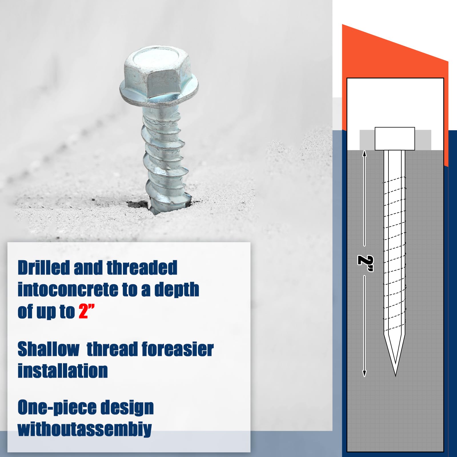 Tandefio Paquete de 150 tornillos de hormigón galvanizados de 0.3 x 2 pulgadas, tornillos de anclaje de gran diámetro, tornillos de anclaje para hormigón, tornillo de mampostería para anclaje a