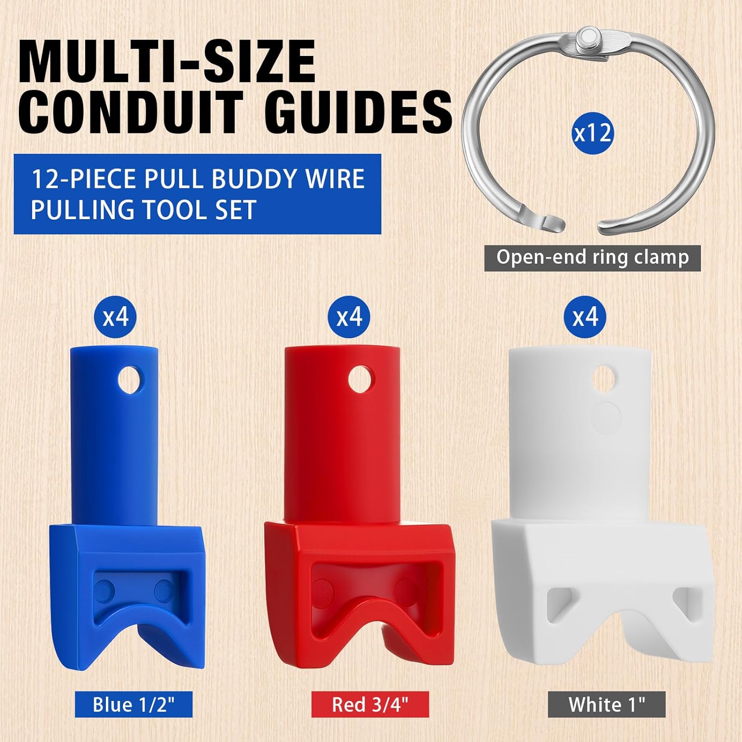 Roowest 12 Pcs Conduit Wire Pulling Tools with 12 Open Ring Holders, Multi Pack Cable Pulling Guides, Electrical Box Cable Pull Tools, Prevent Wire Damage During Pulls, 4 Each 1/2, 3/4, 1" - Image 2