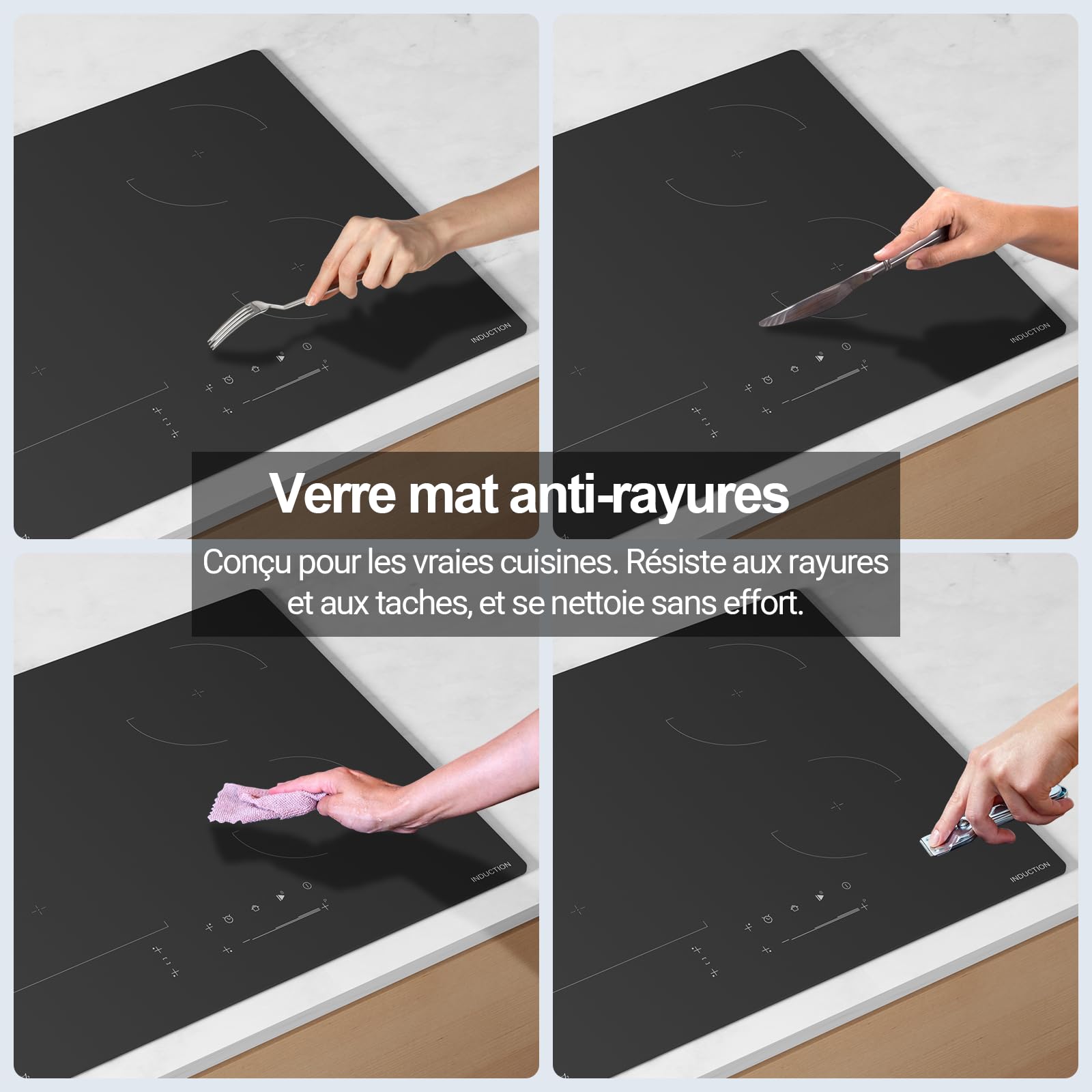 Table de cuisson électrique à induction 59 cm, plaques chauffantes encastrables avec zone pont, 7000 W, 240 V, verre mat, résistant aux rayures, fonction pause et maintien au chaud