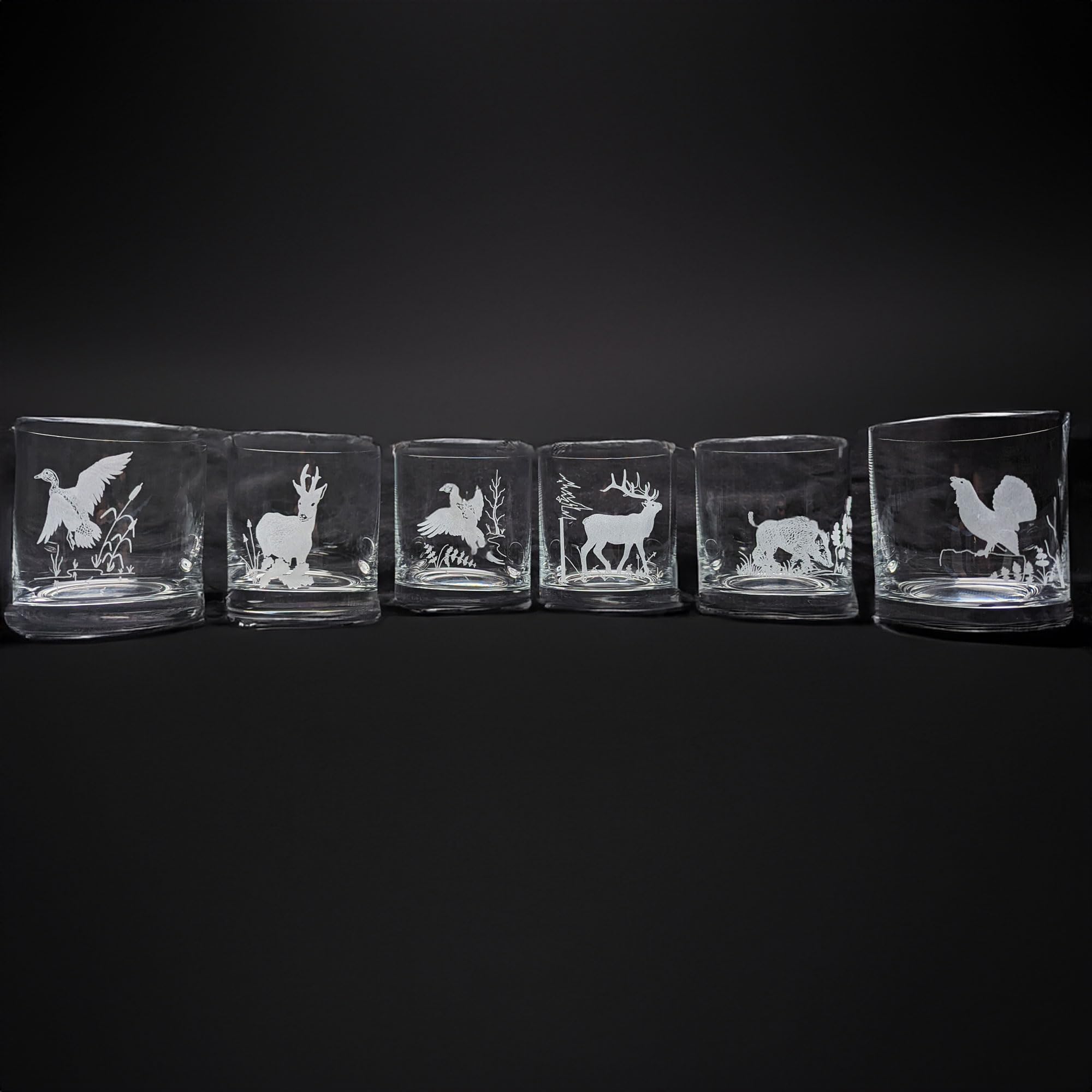 Lot de 6 verres à whisky avec gravure différents motifs de chasse | Cerf, chevreuil, sanglier, canard, faisan