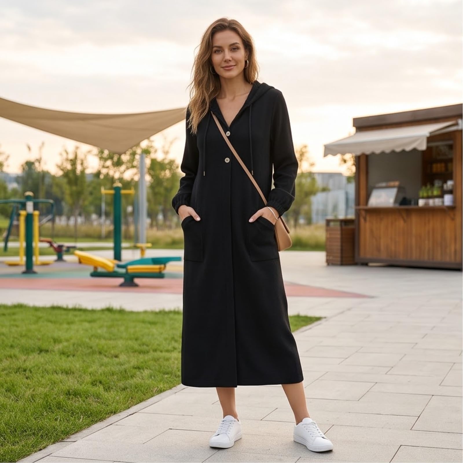 FUPODD Mantel Damen Lang Kapuzenjacke Mit Taschen Wintermantel Hoodie Jacke