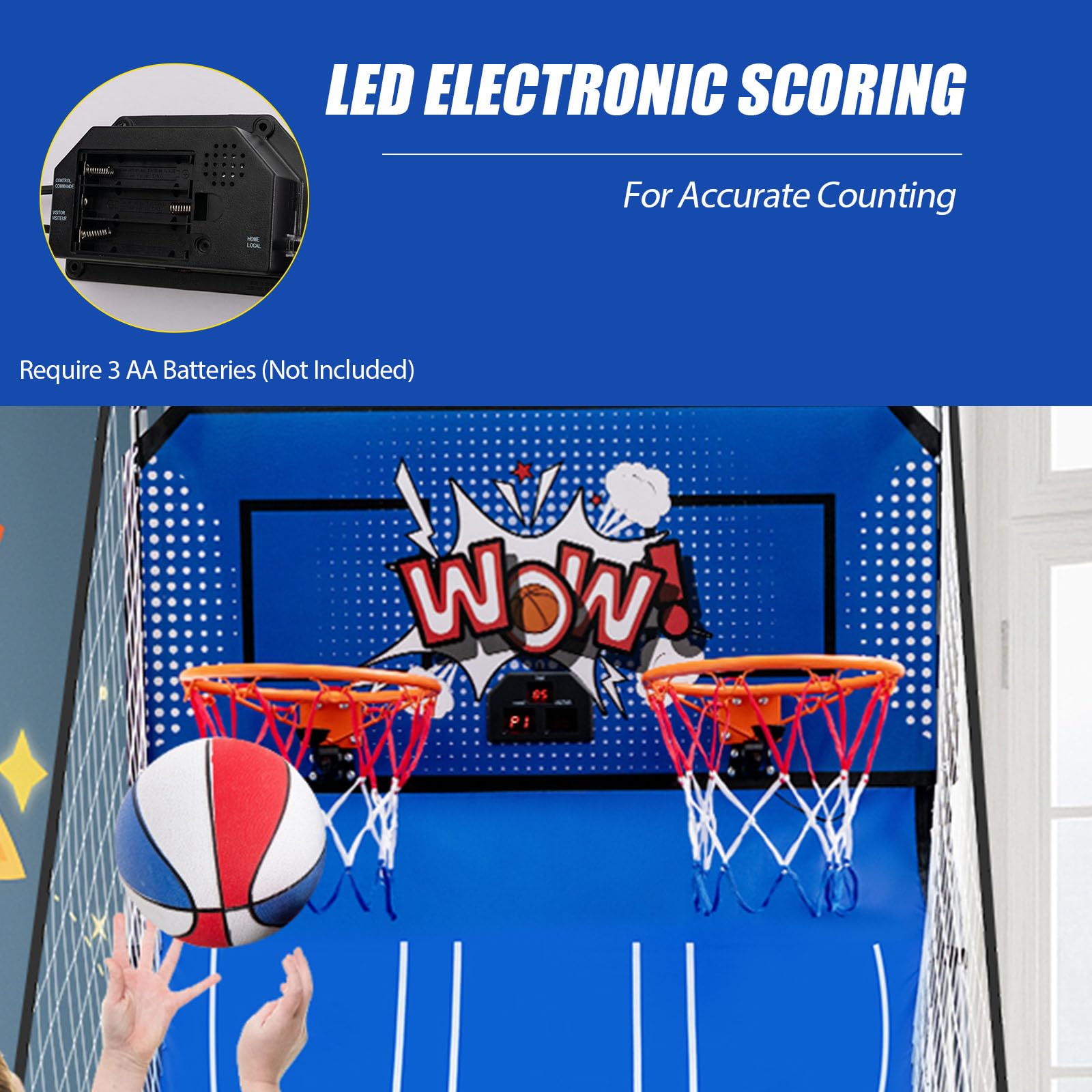 LIFEZEAL Elektrischer Basketballautomat, Baskeltballständer klappbar mit 4 Bällen & Luftpumpe, Arcade Automat mit 8 Spielmodi, Basketball Automat für 2 Spieler, Sport für drinnen & draußen (Blau)