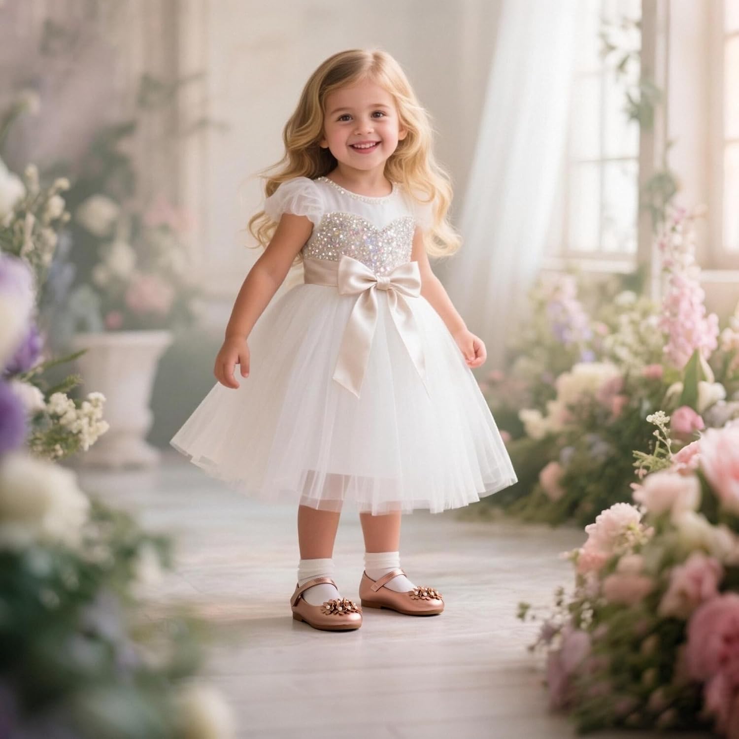 THEE BRON Toddler Mary Janes Ballet Dress Flats Flower Girl Sparkly Pearl Shoes