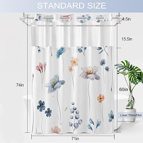 Miniatura 7 de Juego de cortina de ducha y forro sin gancho, cortinas de ducha florales de acuarela azul beige para baño, juegos de cortinas de baño modernos de