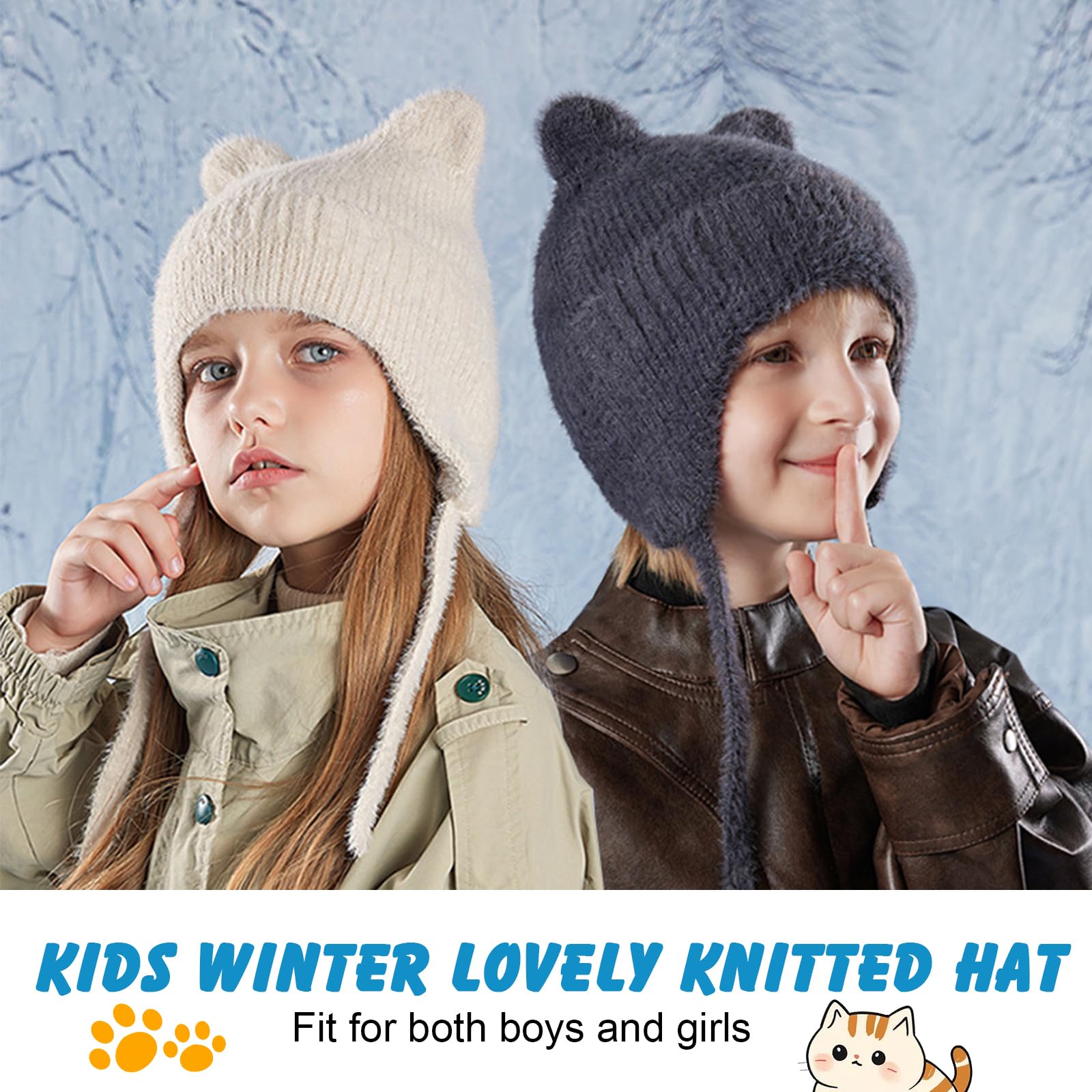 Lindo Orejas de Gato Gorros de Punto para 3-12 Años Niño Niñas, Las Orejas Térmicos Sombrero de Invierno Suave Amigable Cálido A Prueba de Viento Beanie Gorras para Actividades al Aire Libre