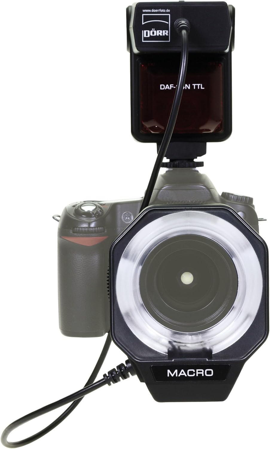 DÖRR DAF-14 Ring Flash mounted on a Nikon DSLR camera, front view
