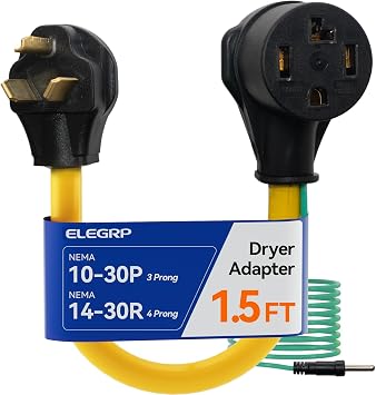 ELEGRP 1.5FT Dryer Adapter Cord, NEMA 10-30P to 14-30R, 3 Prong Old House to 4 Prong New Dryer, 30 A/250V/7500W with Green Ground Wire, Heavy Duty 10 AWG STW, 180 Rotating Plug, UL Standard Compliant