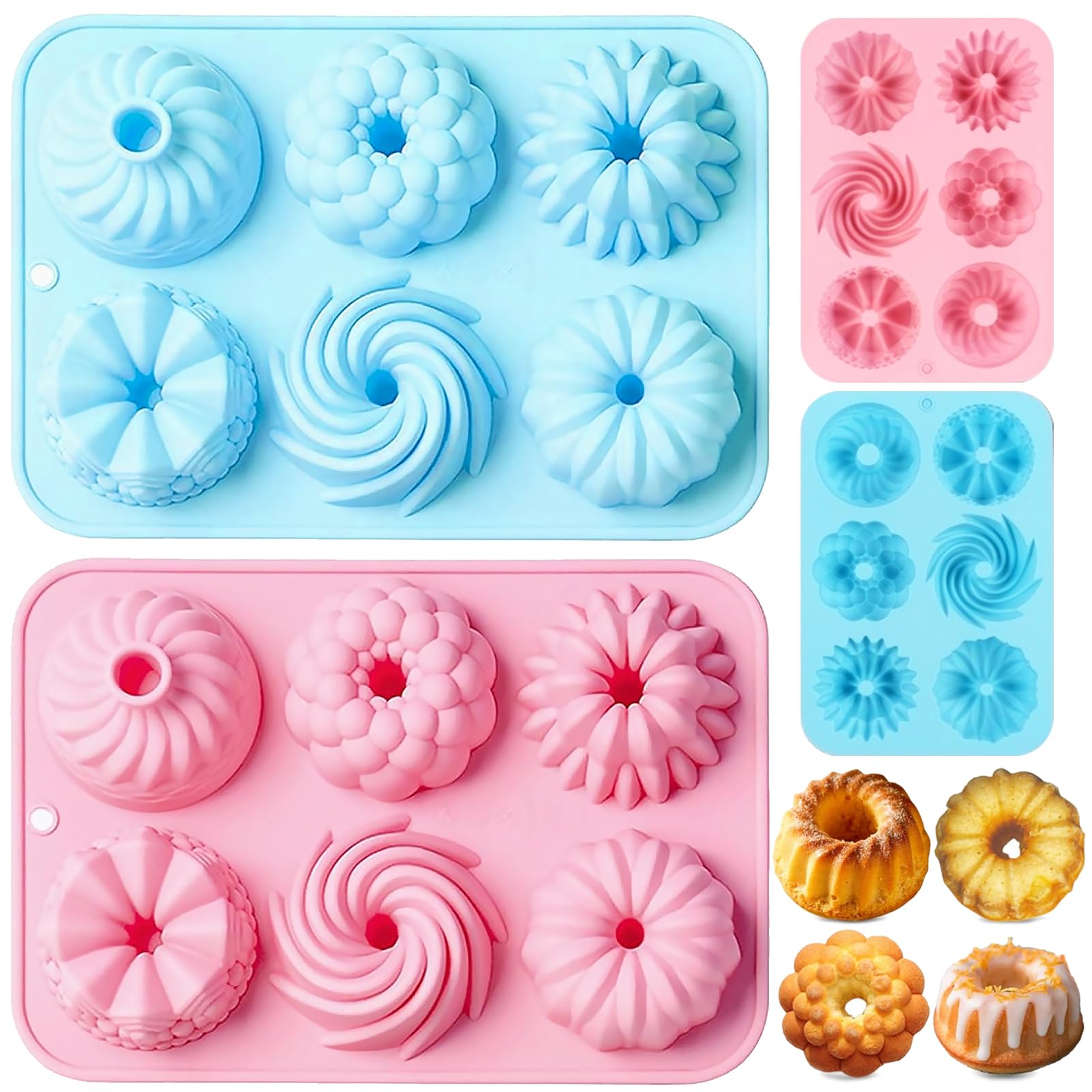 2 x silikonowa forma do pieczenia Kouglof, 6 różnych kształtów, wzór rowków, silikonowa forma do pieczenia ciast, deserów, czekolady, galaretki (różowa, niebieska)