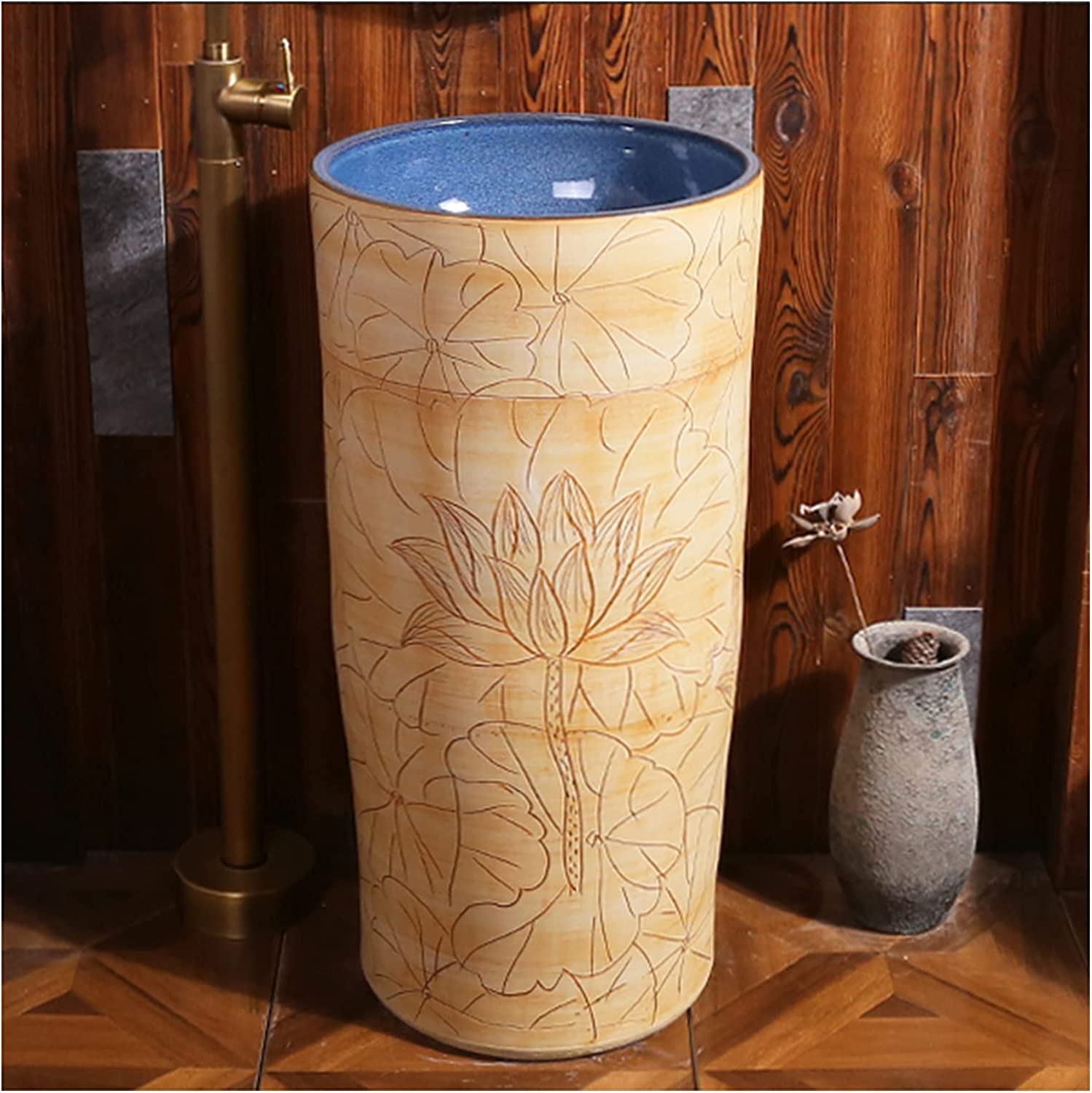 OLSKFUH Freestanding Pedestal Sink Floor Standing Art Sink Pedestal Sink Handcrafted Ceramic Wash Basin Pedestal Washbasin Kaolin Clay Round Freestanding Sink With Drain & Faucet,A-With mirror