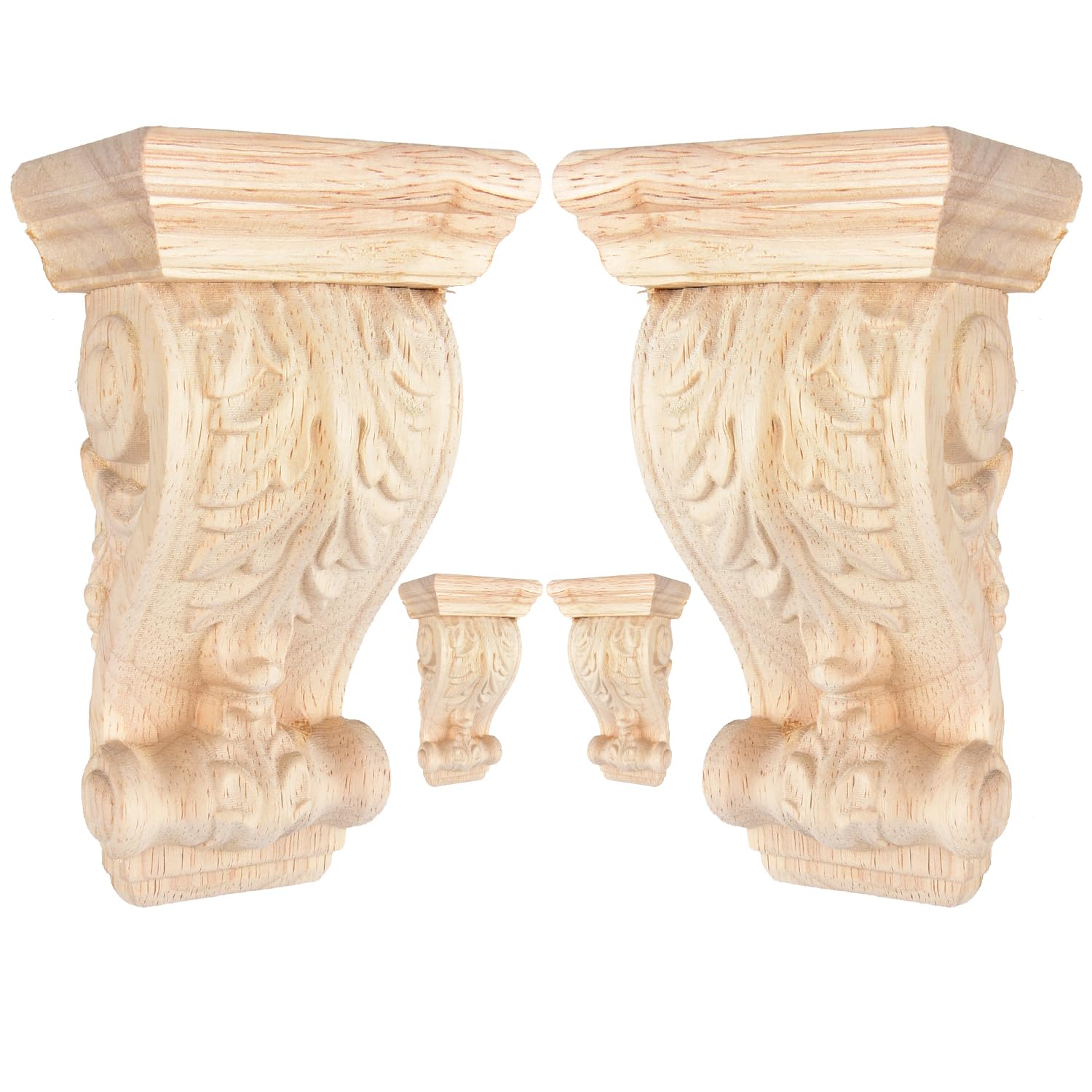 6 inch-W 4 inch-D 12 inch-H Wood Carved Corbels, Tchosuz 4 -Pack Antique Traditional Unfinished Wooden Carving DIY Decorative Scrolled Millwork Brackets for Countertop Kitchen Fireplace Mantel