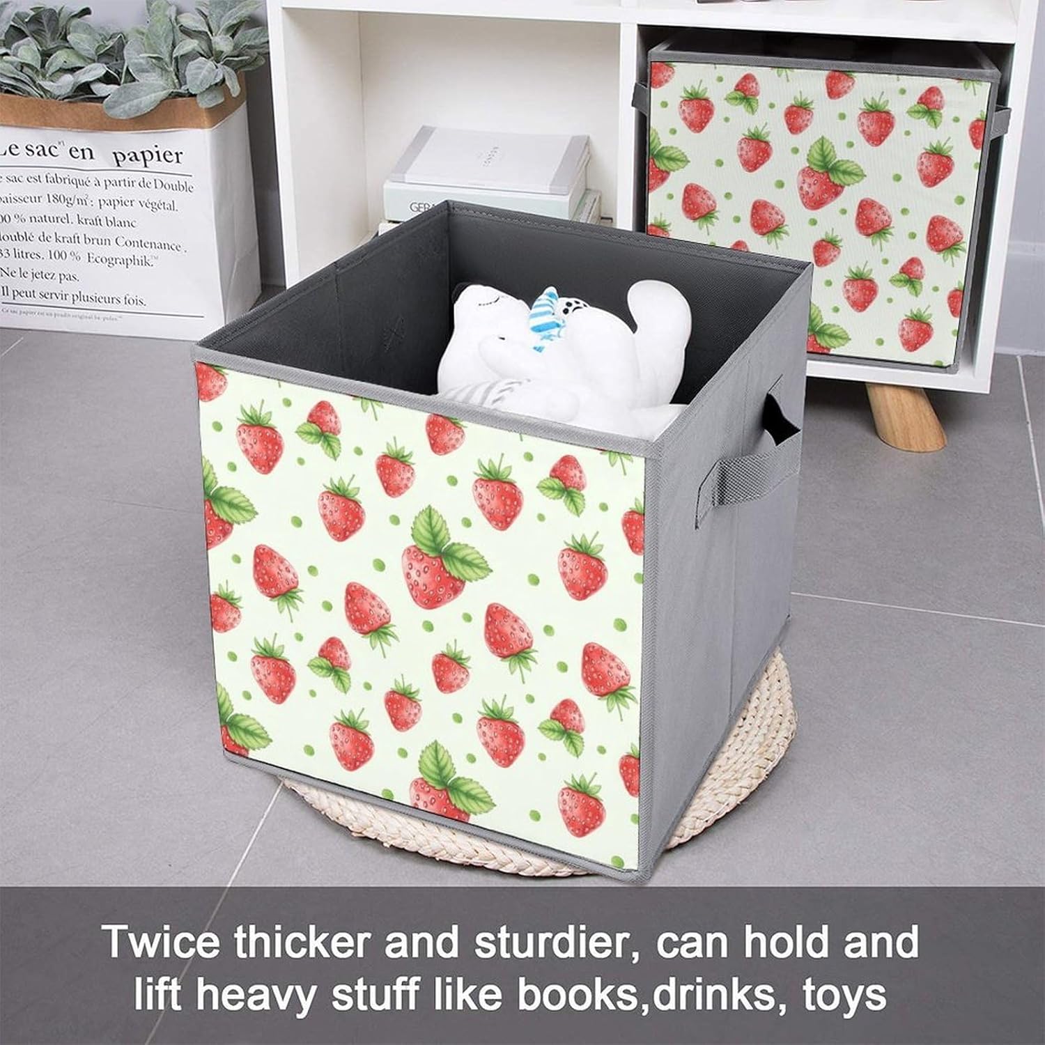 Compact Storage Basket, Strawberry Fruit, Collapsible Organizer Bin with Handles, Versatile Storage Container for Home