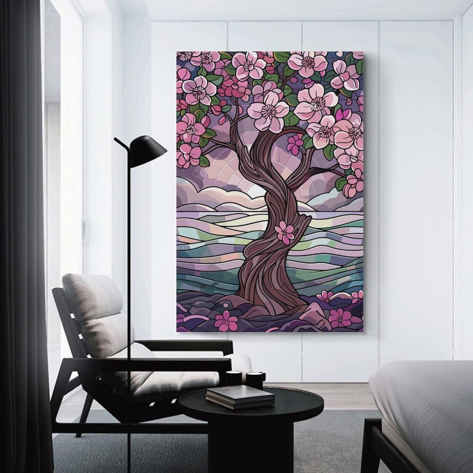 Junmoney Stained Glass Cherry Blossom Tree Room Decor Wall Art, 20x30inch(50x75cm), for Bedroom Walls, Guest Spaces Or Lounges, Stylish Decor for A Restful Room Update