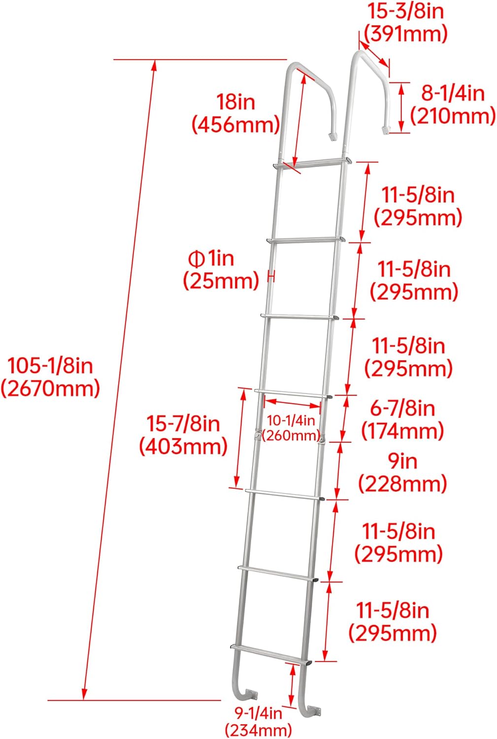 Universal RV Exterior Ladder Heavy Duty 7 Step Ladder Fit for Travel Trailers Universal Straight Aluminium Silvery Powder Coated 7.6FT-8.5FT