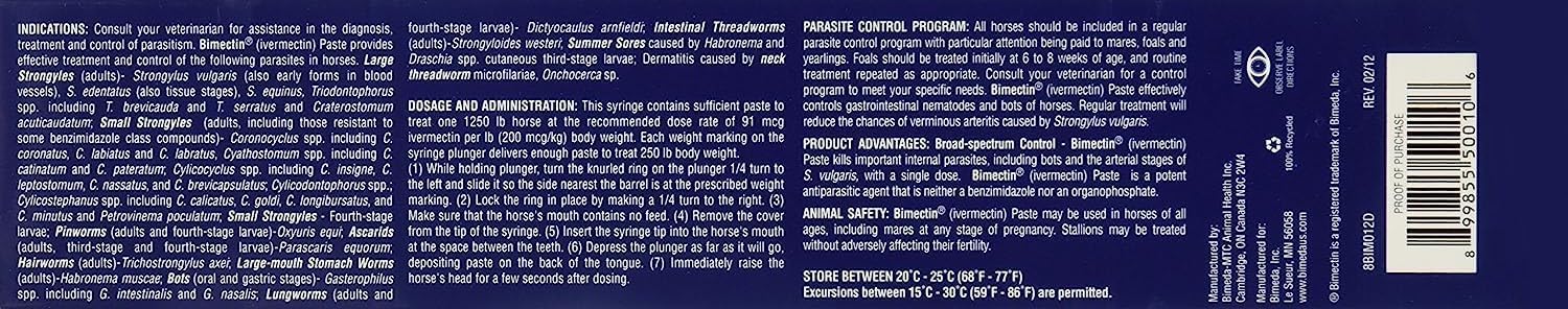 BIMECTIN IVERMECTIN 1.87% Paste WORMER PARASITES Apple Horse OTC (1 Tube)