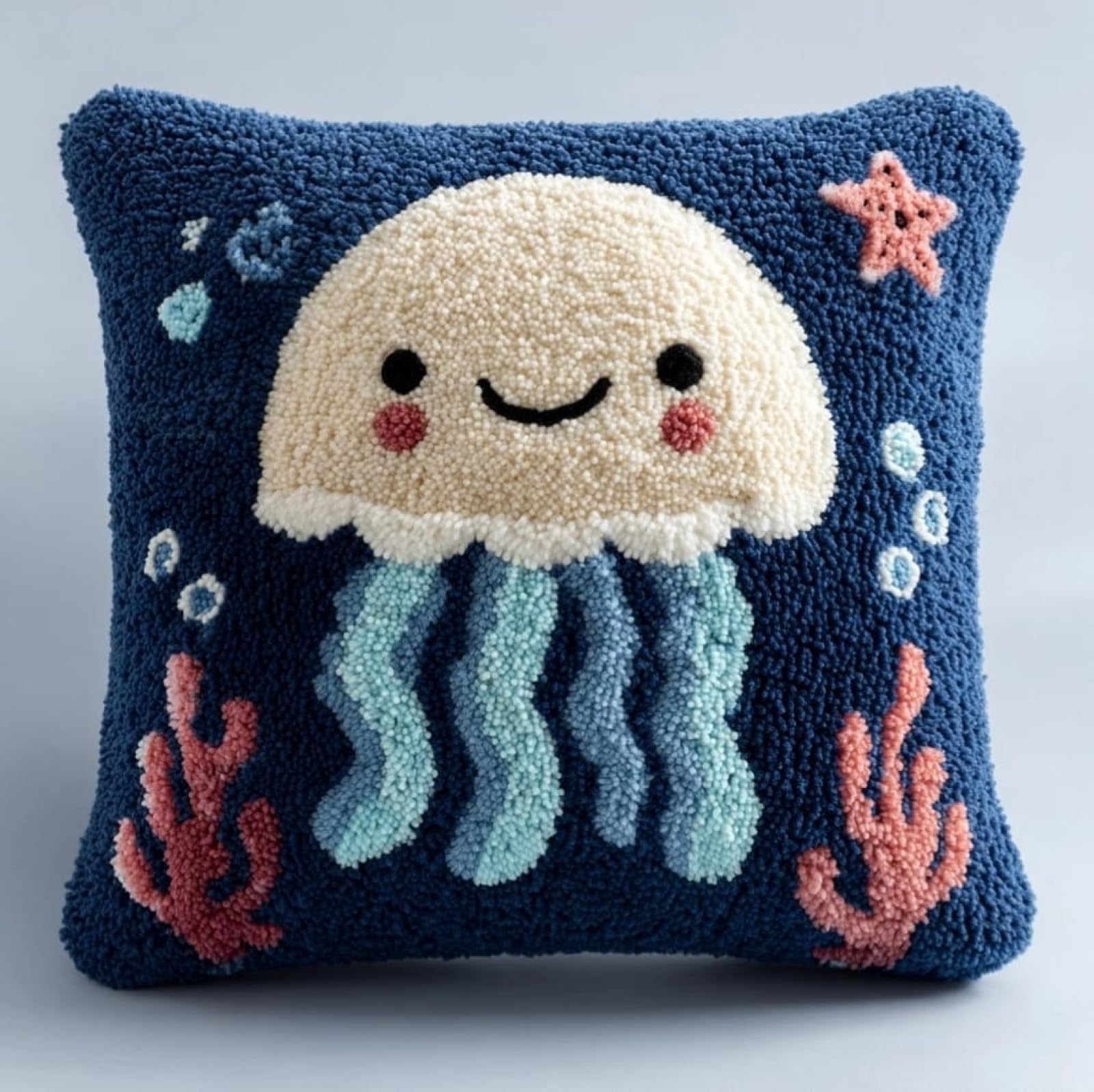 AxiangziK Latch Hook Pillow Cover Kit,Cartoon Jellyfish 43x43cm DIY Cushion Kit for Adults Beginners,Living Room Sofa Decoration,with Pattern and Yarn