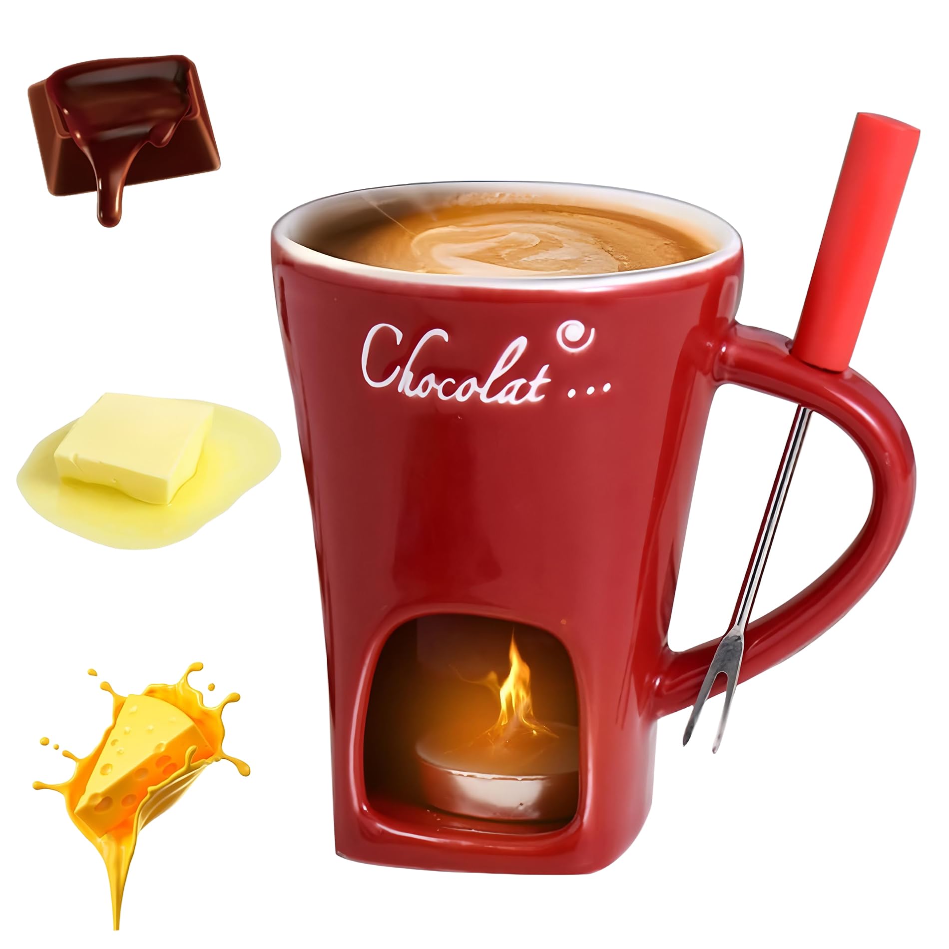 Chocolate Fondue Cup, Ceramic Coffee Chocolate Fondue Mug, Sweet Melting Cup Set with Forks, Mini Melting Fondues Pot for Date Nights Valentines Birthday Wedding (Red) — image 1