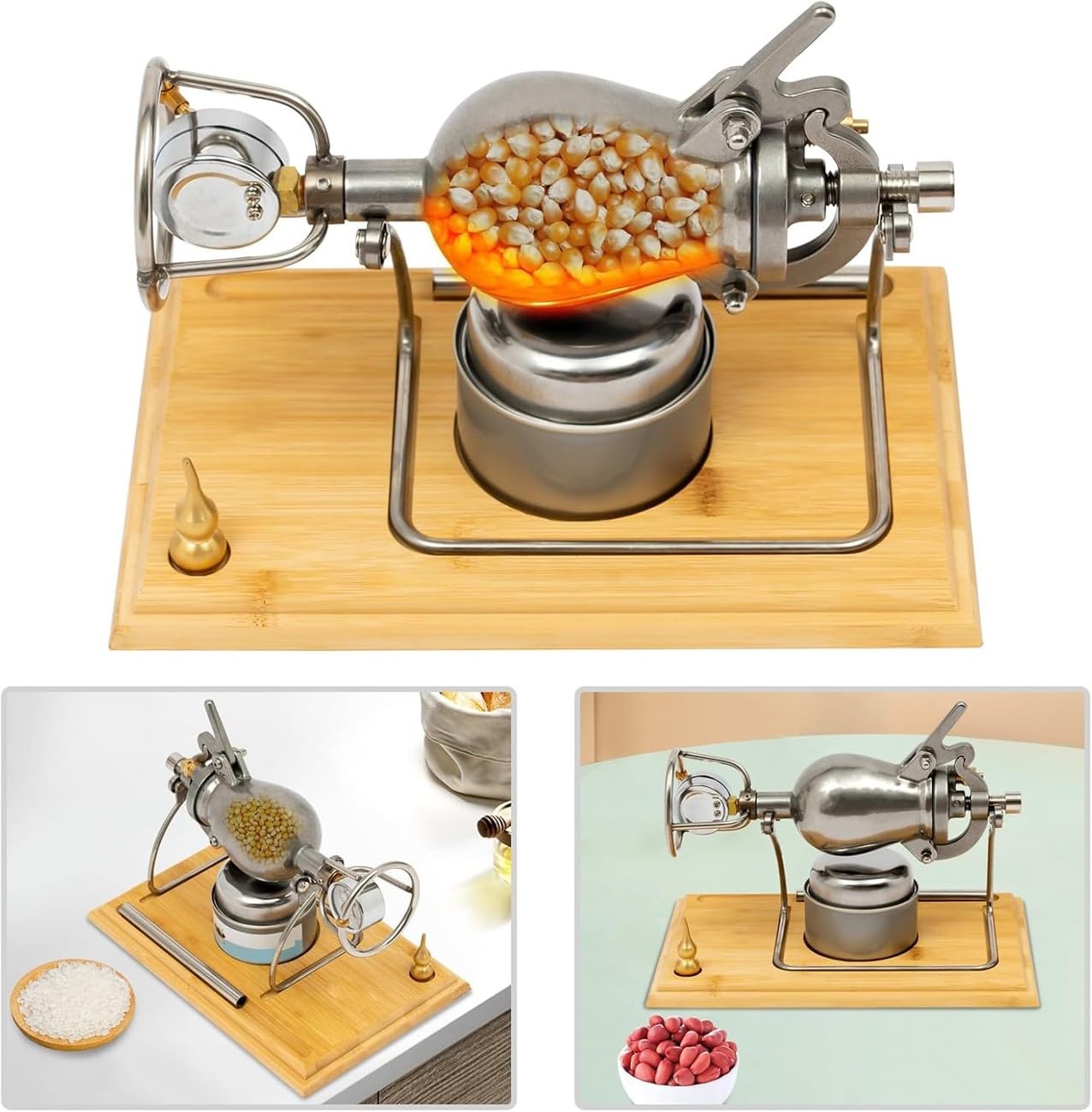 CañóN Palomitero Chino Acero Inoxidable Manual de Alta PresióN Palomitera con ManóMetro y VáLvula de Seguridad Maquina de Palomitas de Maiz para Disfrutar en Reuniones(520ml)