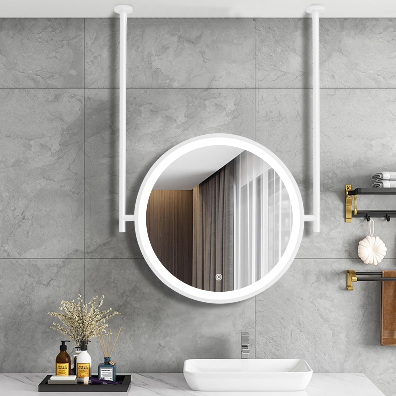 SXFSDOU Round LED Mirrors for Bathroom, White Metal Frame Vanity Mirror Decorative Hanging Rod Wall Living Room Hallway - 3 Colors Dimmable Light(Diameter-60CM/23.6INCH)