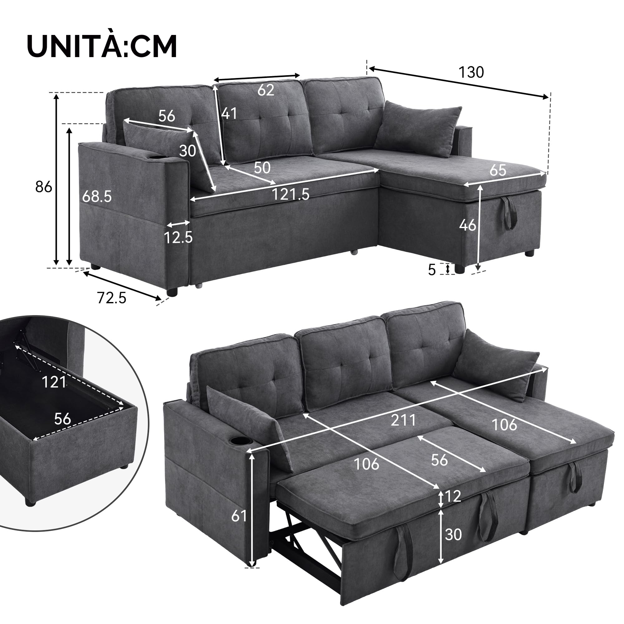 Divano letto con funzione letto, divano a L, design moderno, mobili imbottiti, divano, poltrona lounge con spazio di archiviazione, con portabicchieri, divano letto per soggiorno, intercambiabile a