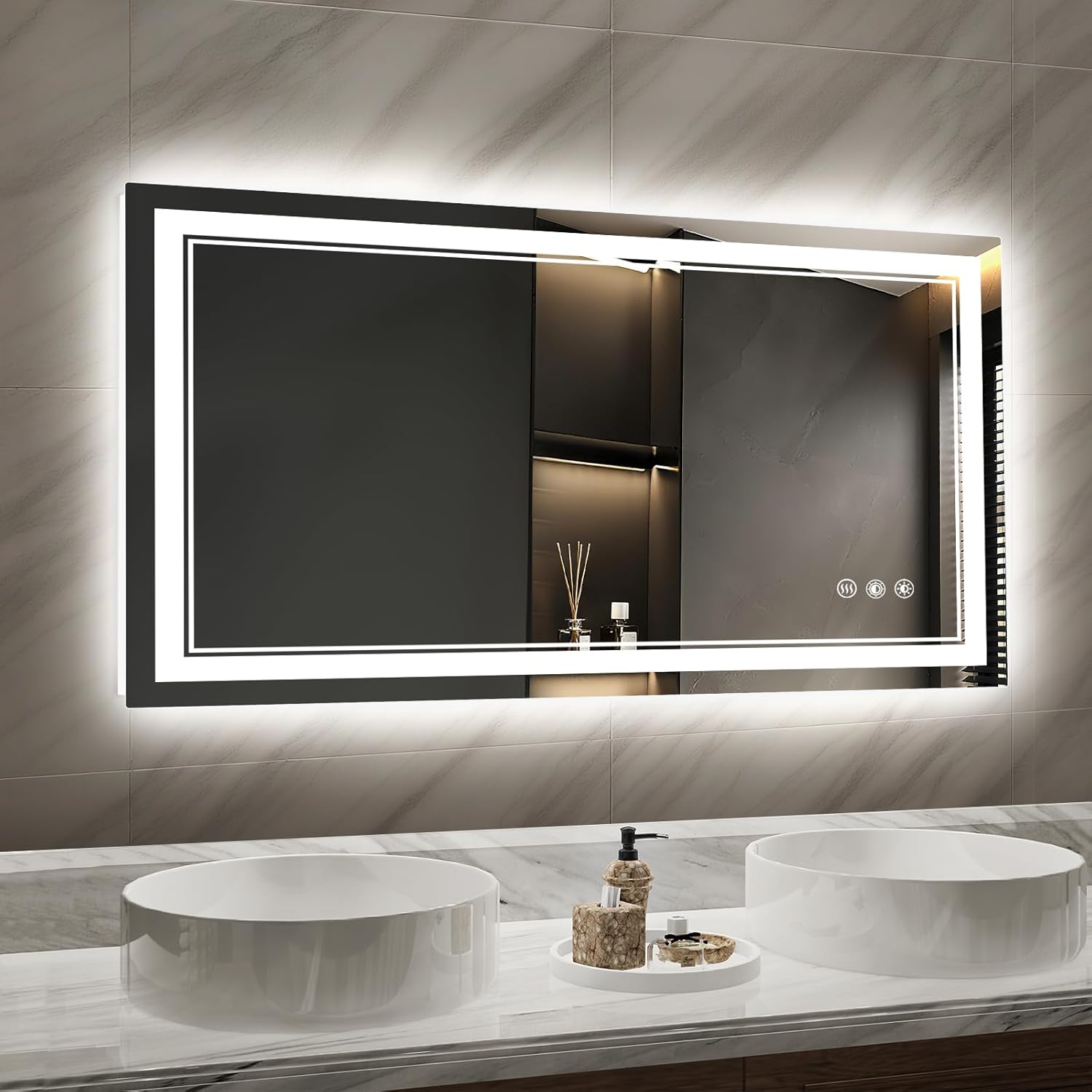 LED Bathroom Mirror with Lights 40x24 Wall Mounted Large Lighted Mirrors Fogless Anti-Fog Dimmable Memory Function Shatterproof Tempered