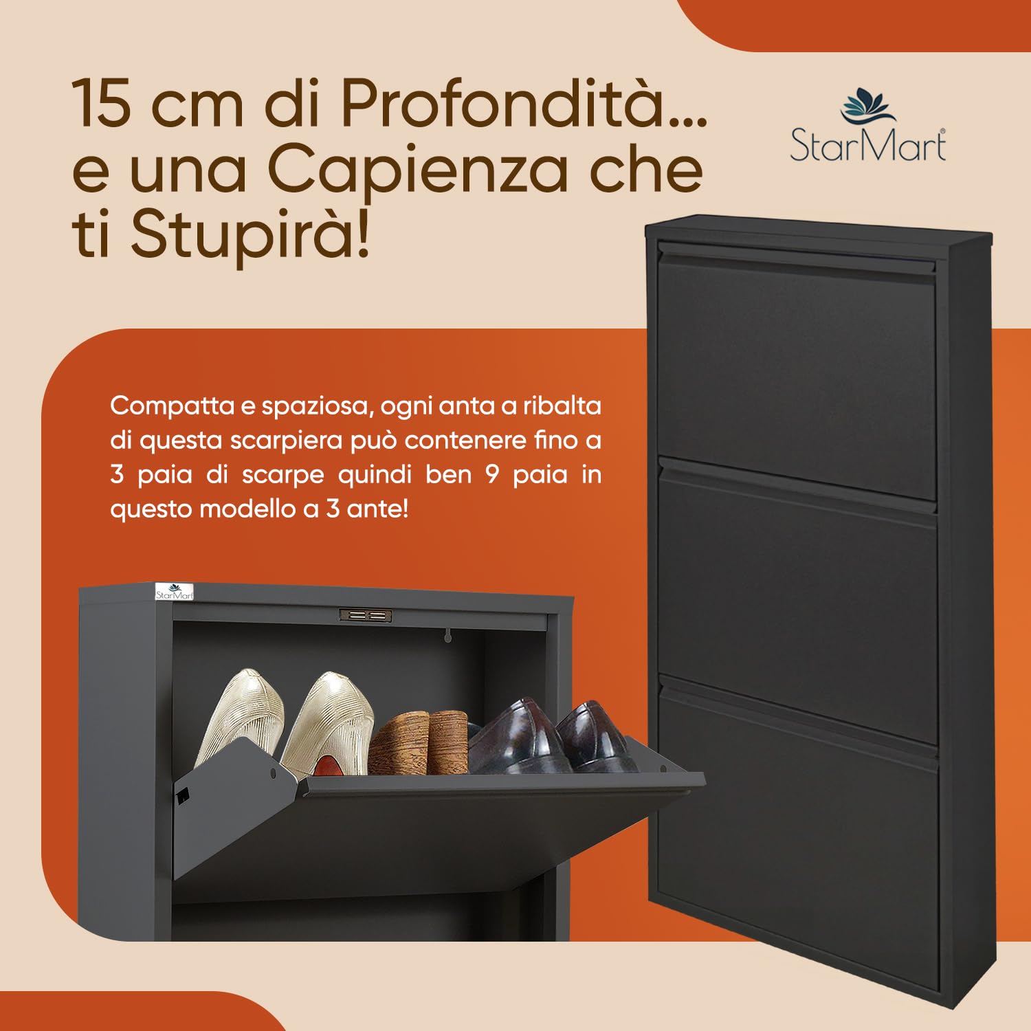 StarMart Scarpiera Salvaspazio Slim NERA (3 Ante 9 Paia, Nessun Montaggio) Struttura in Metallo resistente (no plastica, tessuto, or legno), per Interni/Esterni, Scarpe/Stivali, Garanzia 15 Anni
