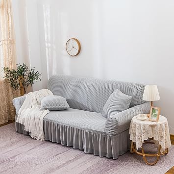 Thick Sofa Cover With Ruffled Skirt High Stretch Couch Covers Farmhouse Luxury Sofa Slipcovers All-Inclusive Universal Furniture Cover For Living Room(Light gray,1 seater (90-140cm))