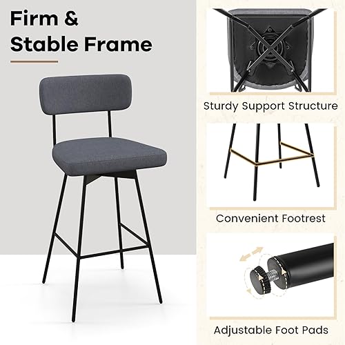 Miniatura 7 de COSTWAY Juego de 4 taburetes de bar, sillas tapizadas de altura de barra de 29 pulgadas con respaldo, sillas de comedor giratorias de 360° con patas