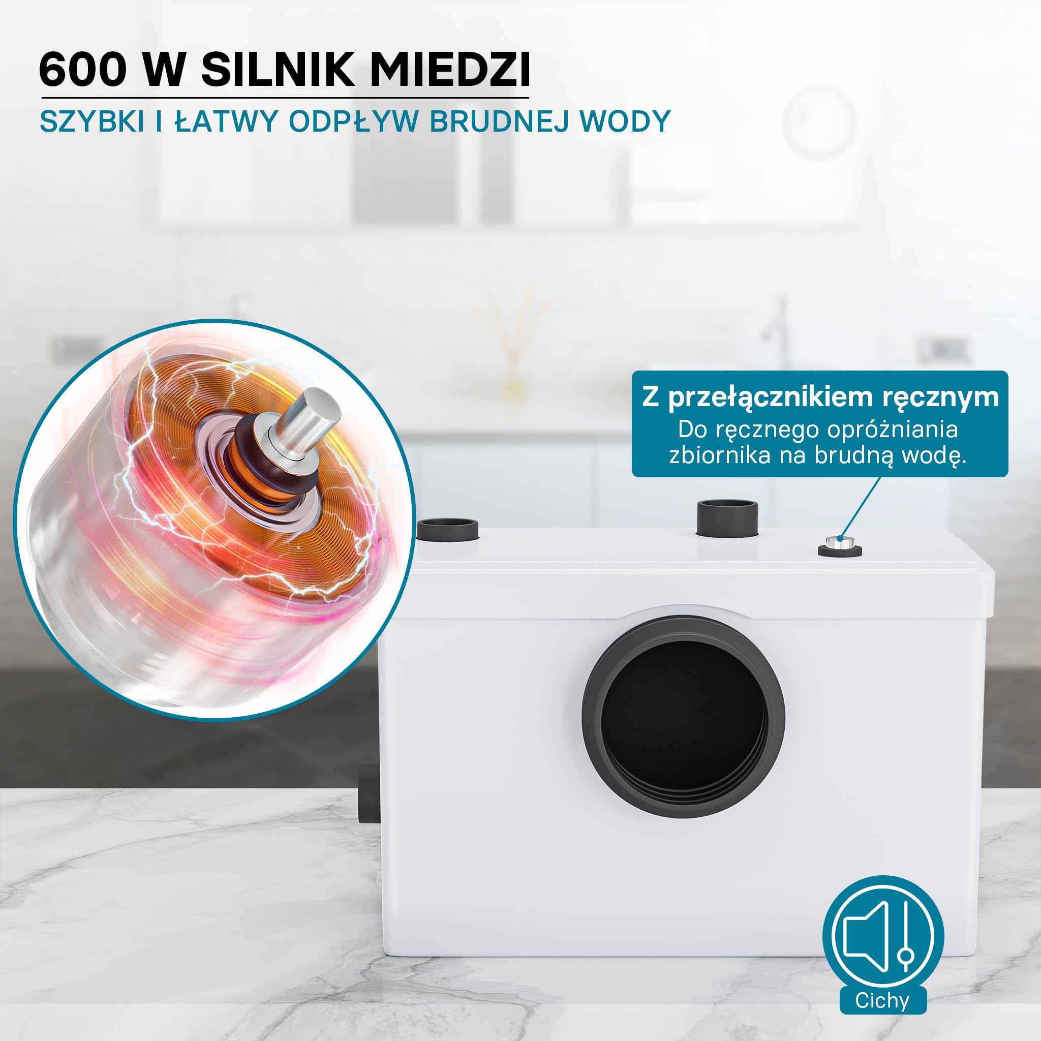 Wiltec Mała pompa ściekowa 600 W z rozdrabniaczem, wysokość podnoszenia 10 m, 3 wloty, do WC i prysznica