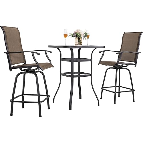 NUU GARDEN 3 Piece Patio Bar Set, All Weather Mental Textilene High Stools Set Outdoor Swivel Bar Chair Set of 2 and High Silk Screen Glass Bar Table, High Top Patio Set,Brown