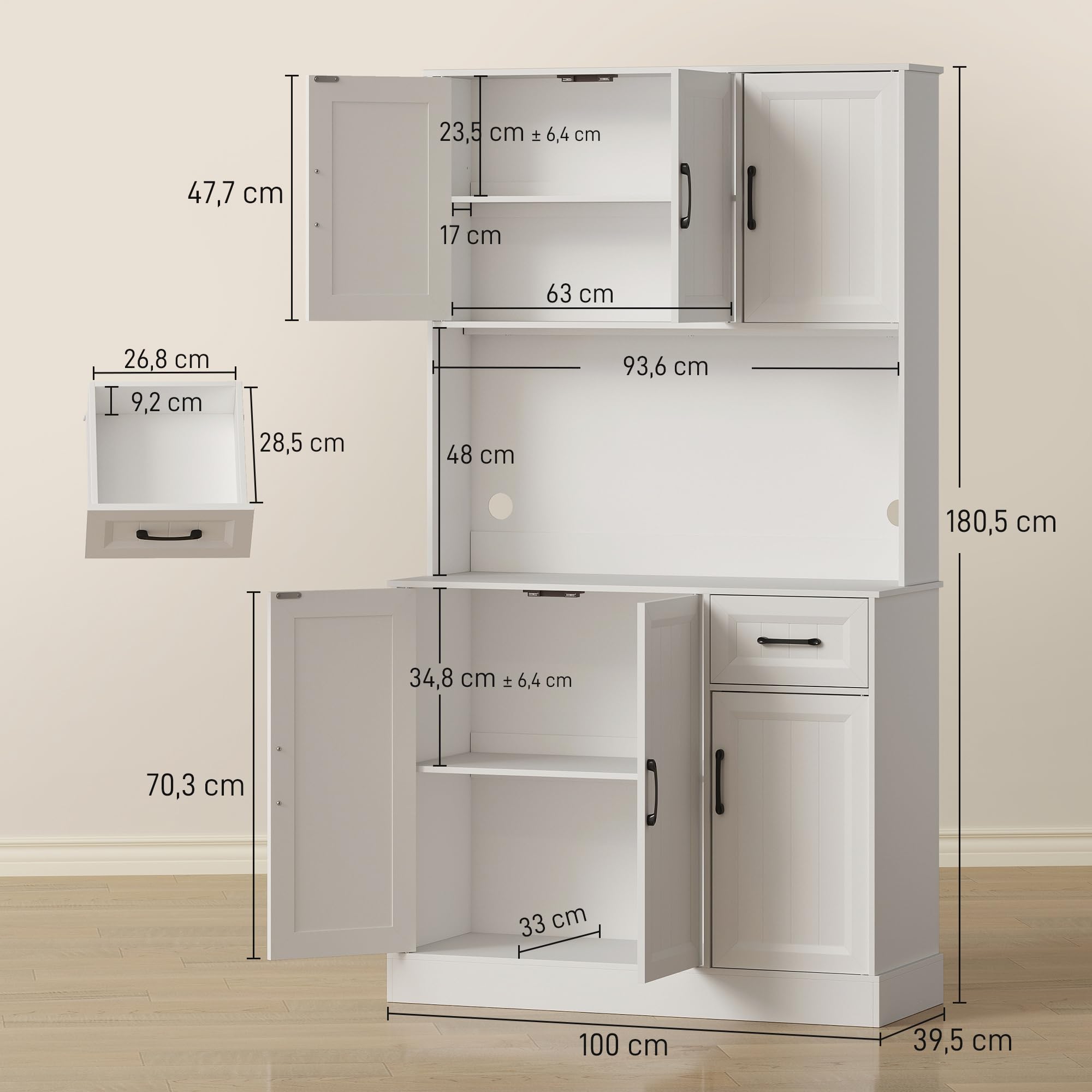 HOMCOM Küchenschrank mit Arbeitsplatte 6 Türen 100 x 39,5 x 180,5 cm Weiß | Buffetschrank, Verstellbaren Regalen, Schublade, Hochschrank Vorratsschrank mit Kabelloch, für Küche Wohnzimmer Esszimmer