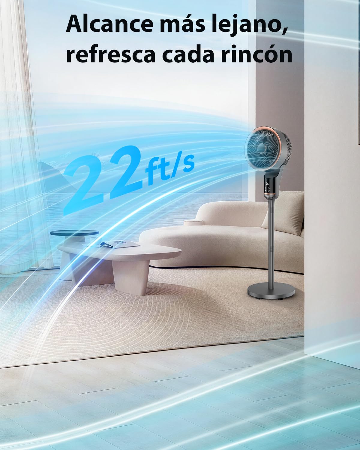 Ventilador de Pie Silencioso 20dB para Dormitorio con Motor DC, 12 Velocidades, 3 Modos, Oscilación 120°+120°, Altura Ajustable 53-110 cm, Temporizador 12 Horas, Mando a Distancia y Flujo de Aire 27m