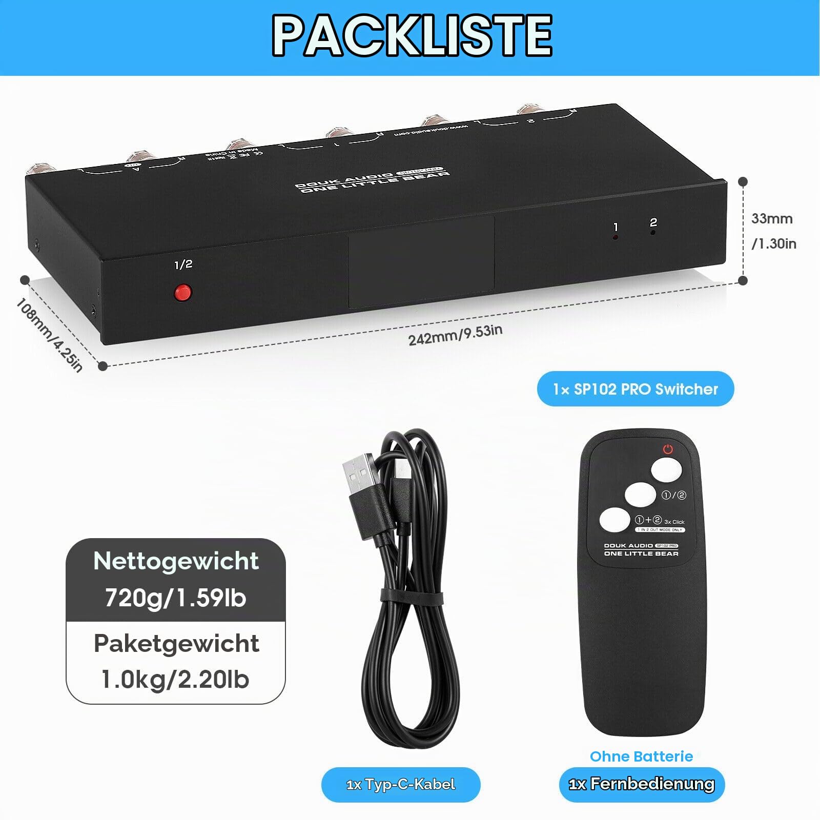2 Way Audio-Umschalter Umschalter A/B Audio Wahlschalter für Verstärker/Lautsprecher LED Display (SP102 PRO)